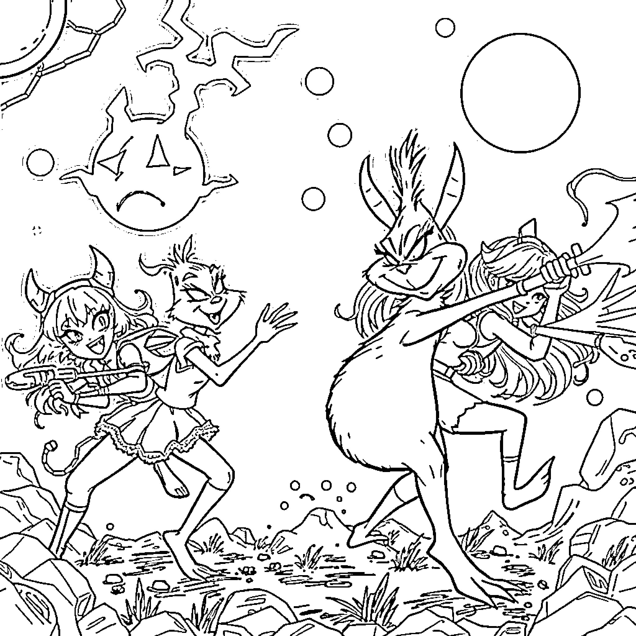 Grinch and Cindy Lou Who in a whimsical winter scene Coloring Page (free black-and-white line drawing printable PDF for all, from beginners to advanced learners, including children, teens, adults, and seniors)