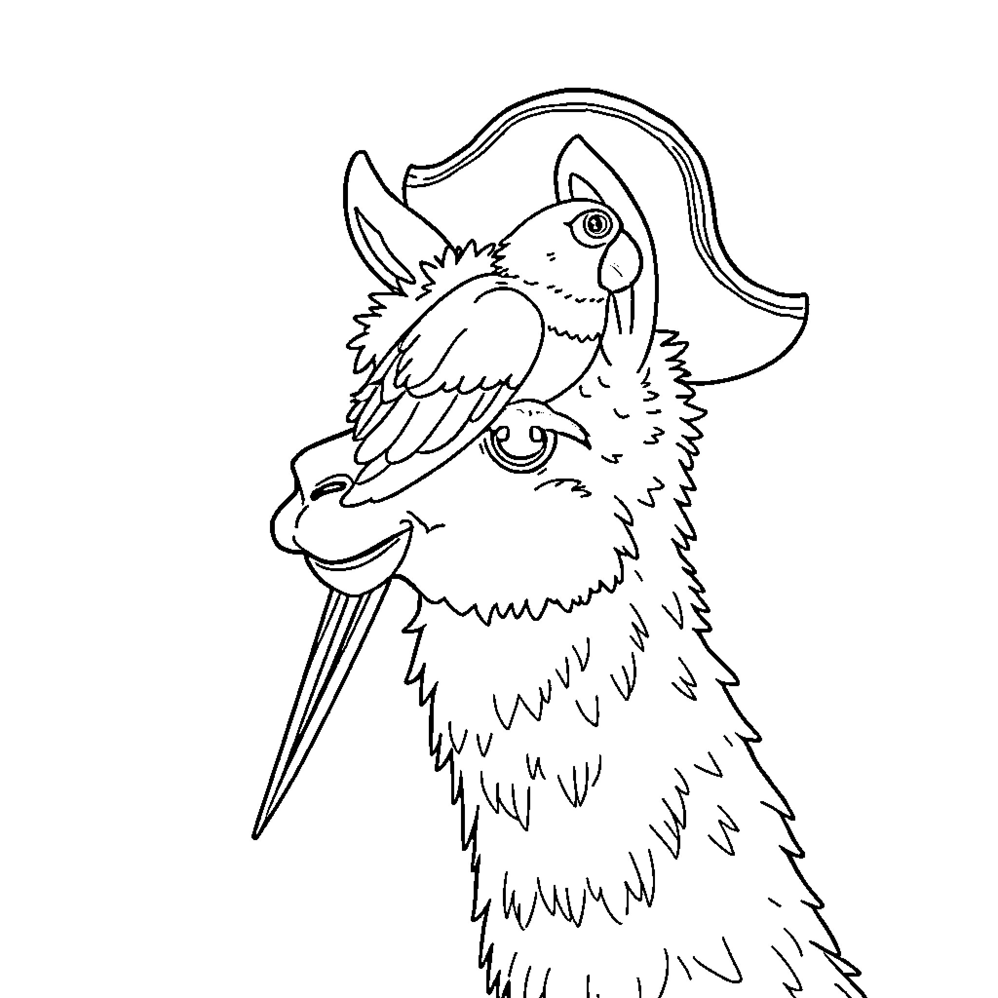Llama in pirate costume with sword Coloring Page (free black-and-white line drawing printable PDF for all, from beginners to advanced learners, including children, teens, adults, and seniors)