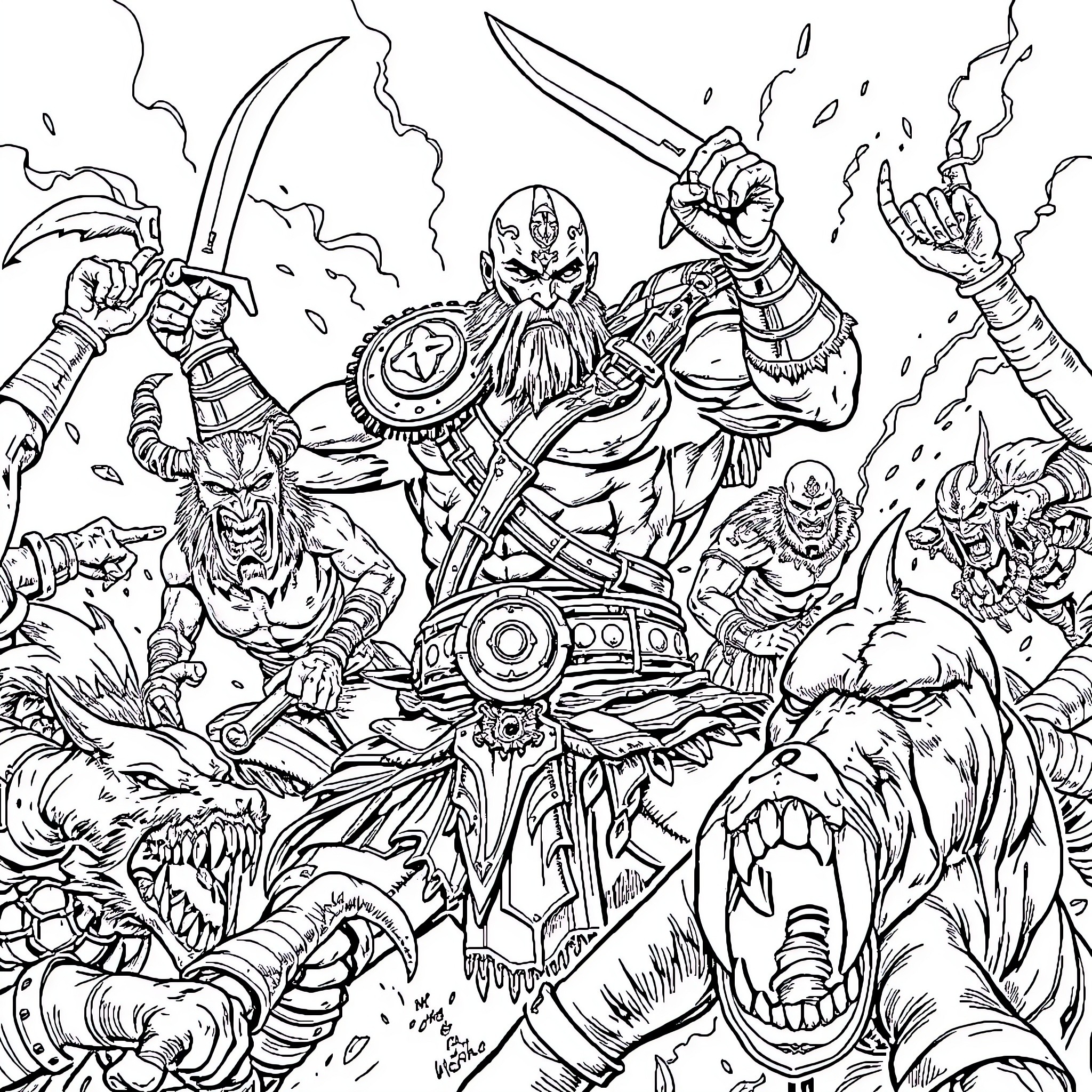 Kratos' Fierce Battle Against Mythical Creatures Coloring Page (free black-and-white line drawing printable PDF for all, from beginners to advanced learners, including children, teens, adults, and seniors)