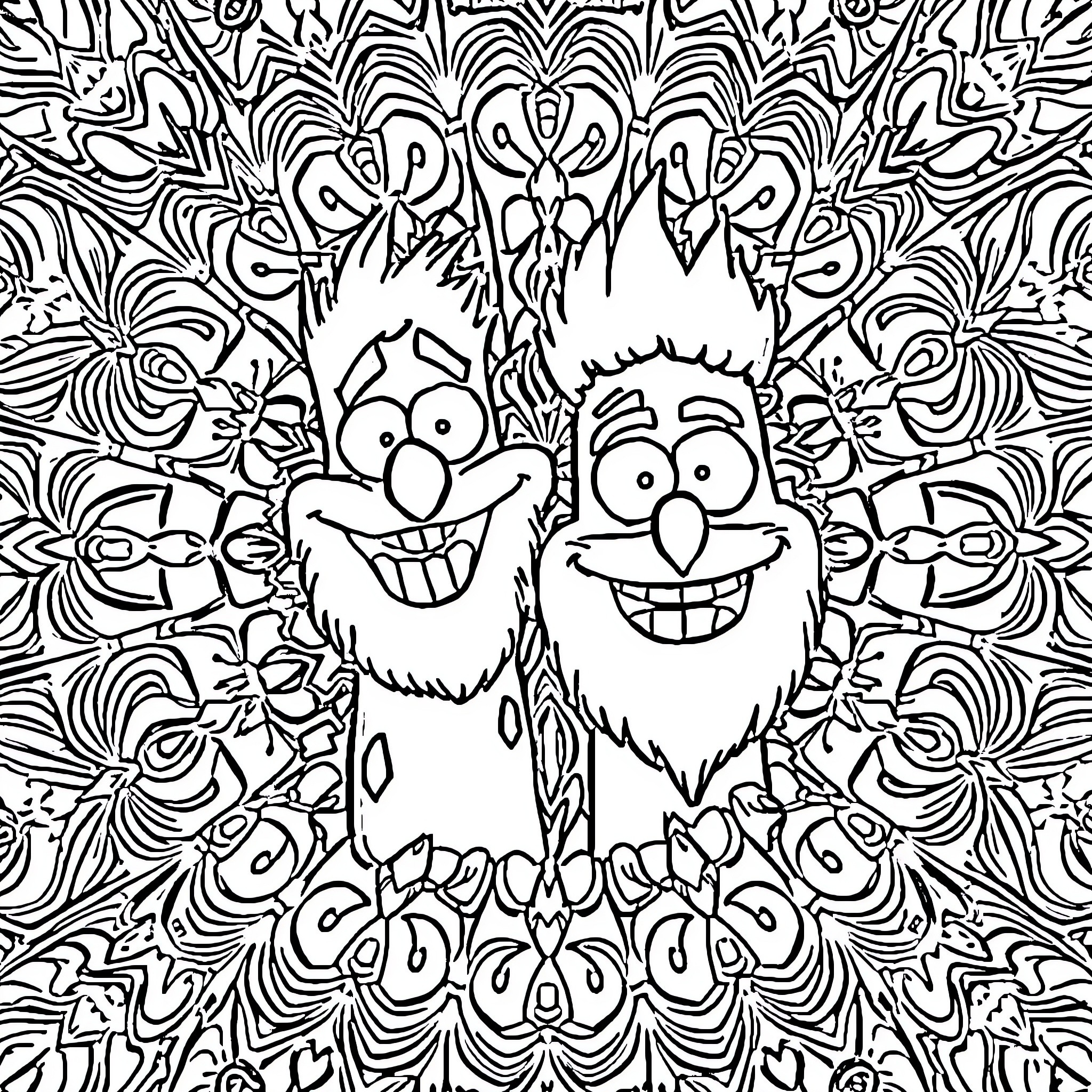 Mordecai and Rigby's Colorful Antics Coloring Page (free black-and-white line drawing printable PDF for all, from beginners to advanced learners, including children, teens, adults, and seniors)