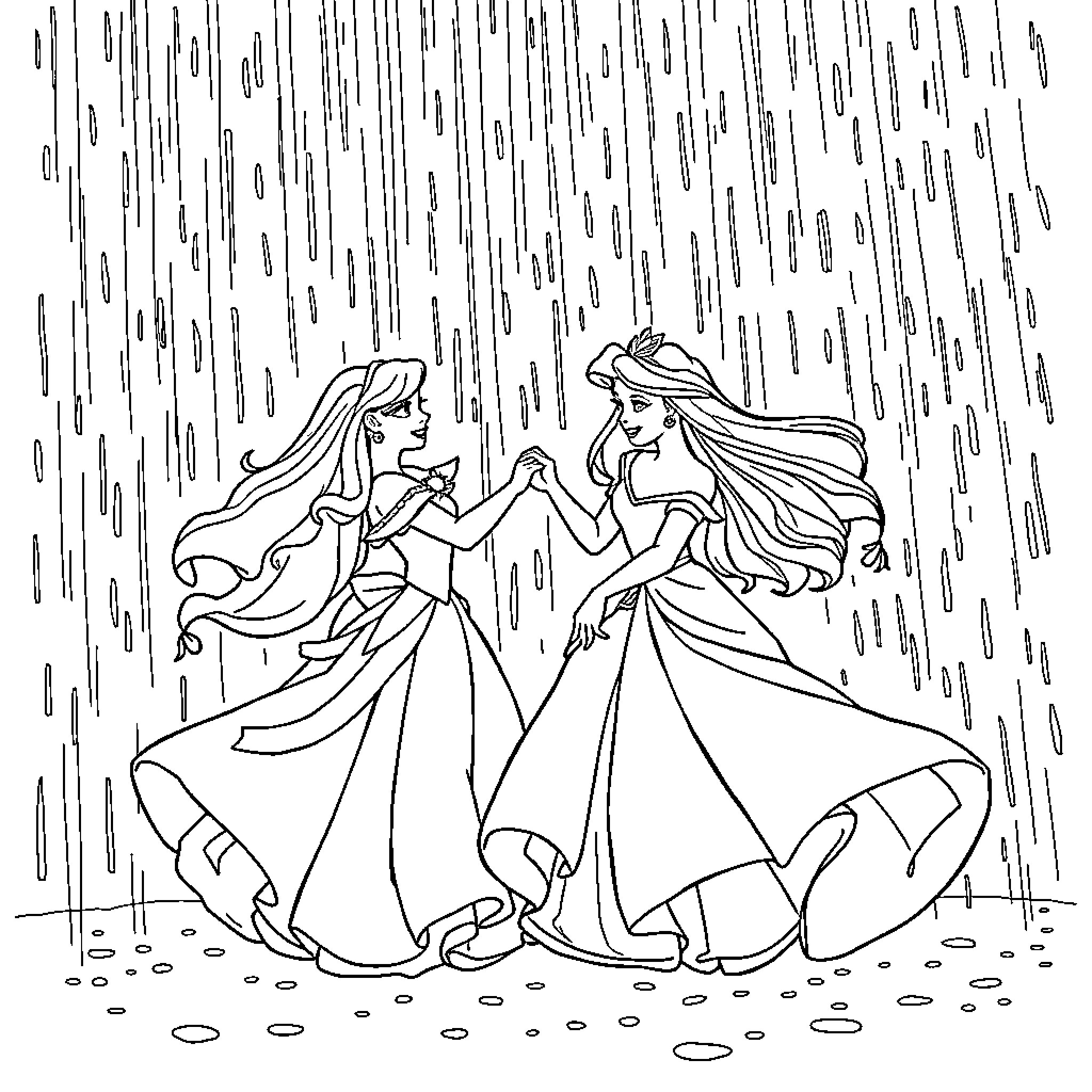 Princess Dancing in the Rain Coloring Page (free black-and-white line drawing printable PDF for all, from beginners to advanced learners, including children, teens, adults, and seniors)