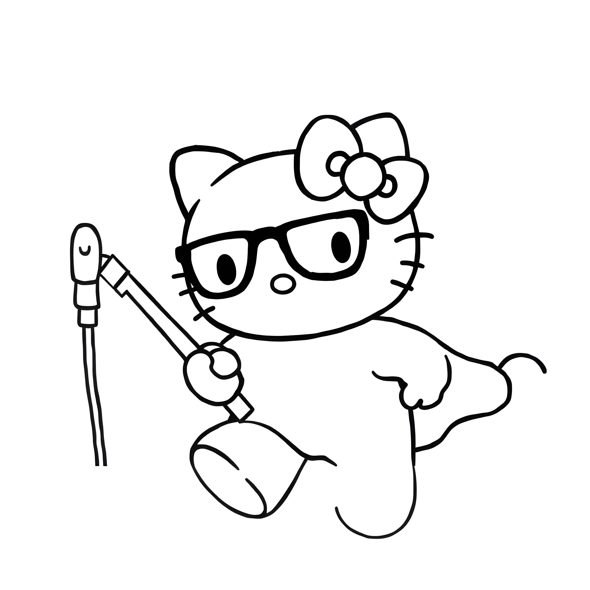 Ghostbuster Hello Kitty in Nerdy Outfit Coloring Page (free black-and-white line drawing printable PDF for all, from beginners to advanced learners, including children, teens, adults, and seniors)