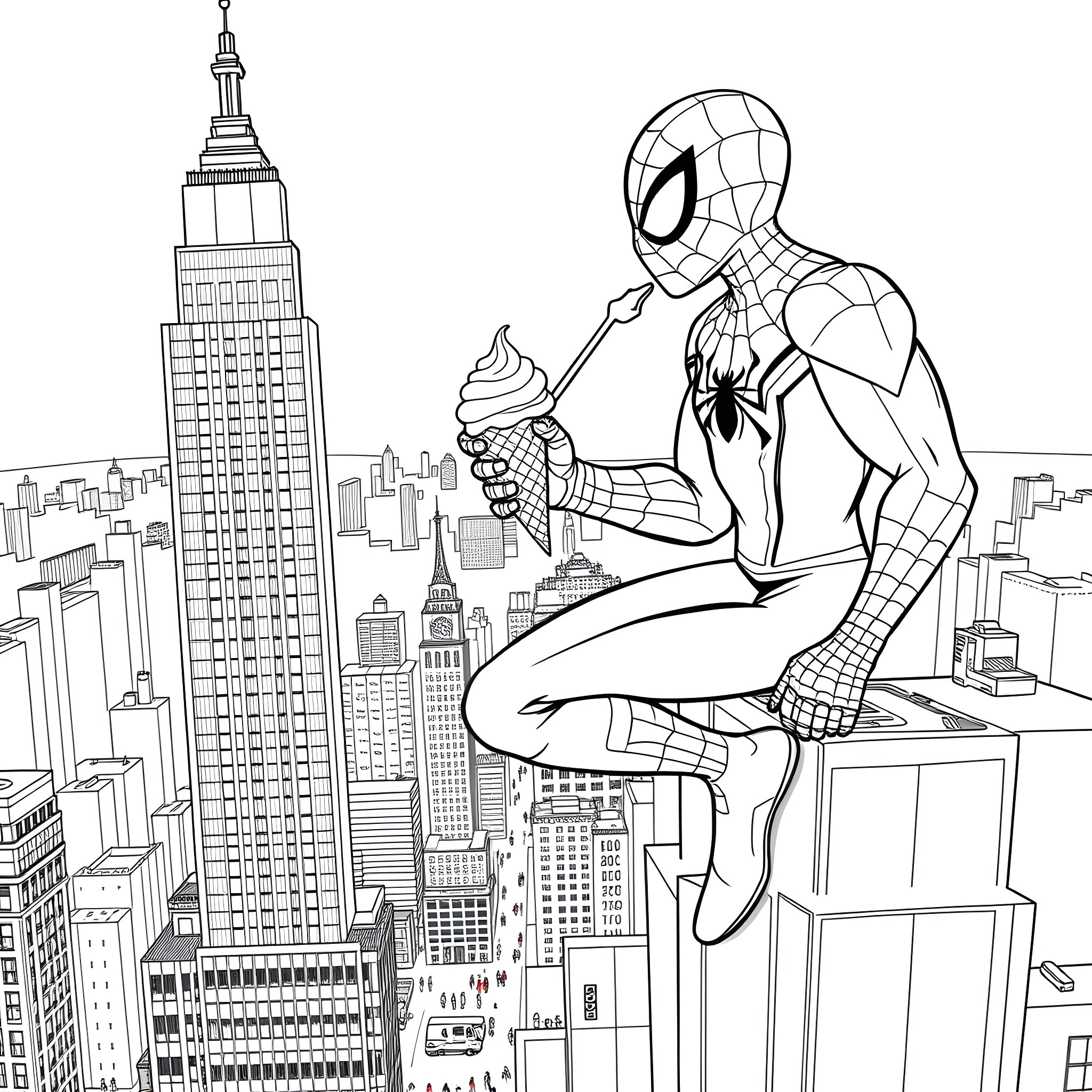 Spiderman swinging through the city with an ice cream Coloring Page (free black-and-white line drawing printable PDF for all, from beginners to advanced learners, including children, teens, adults, and seniors)