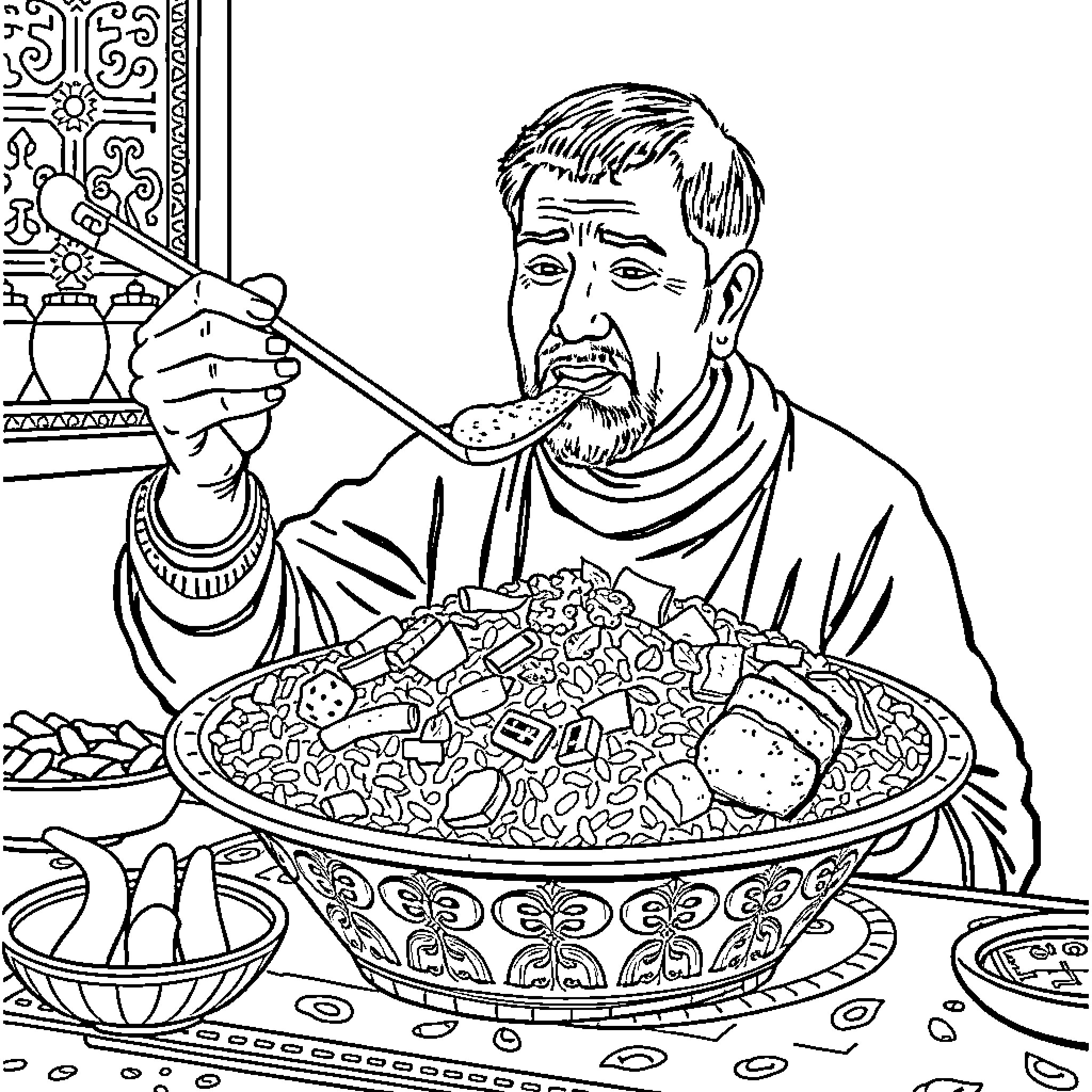 Uzbek man enjoys traditional meal with enthusiasm Coloring Page (free black-and-white line drawing printable PDF for all, from beginners to advanced learners, including children, teens, adults, and seniors)