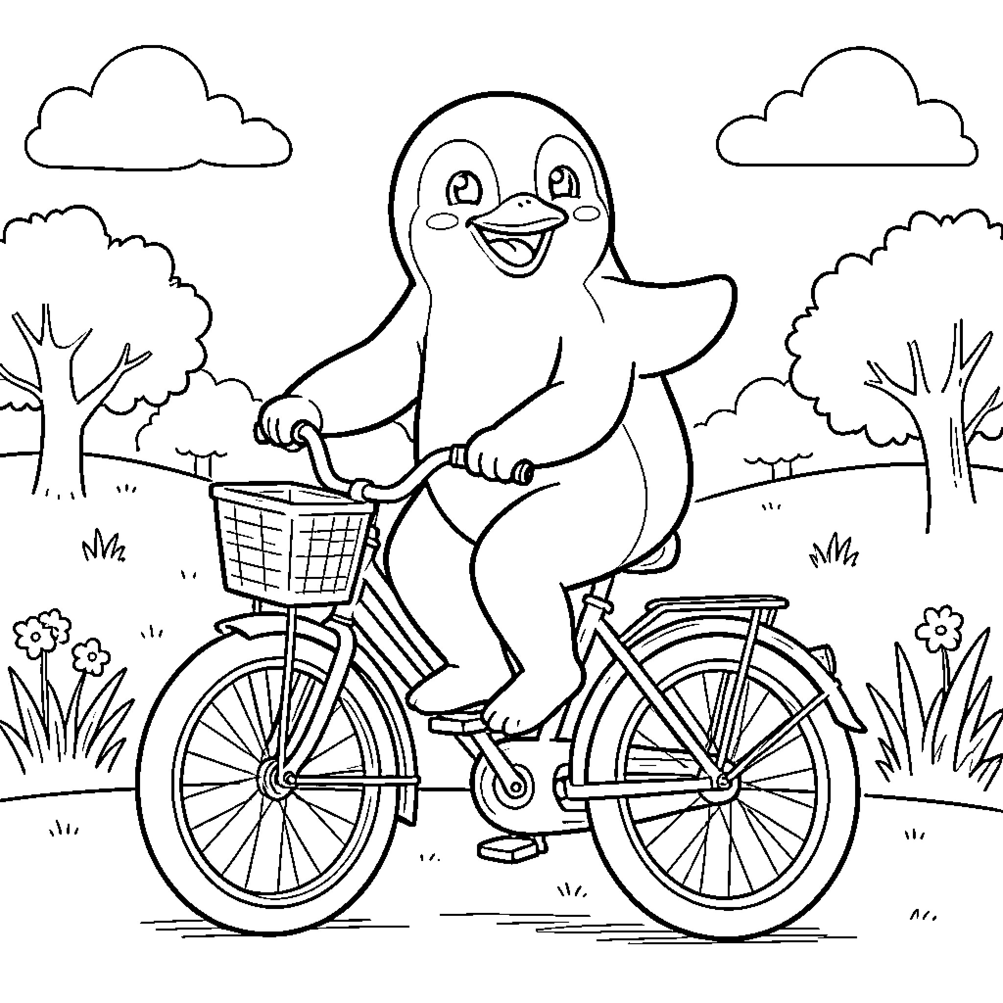 Penguin riding a bicycle through a scenic landscape Coloring Page (free black-and-white line drawing printable PDF for all, from beginners to advanced learners, including children, teens, adults, and seniors)