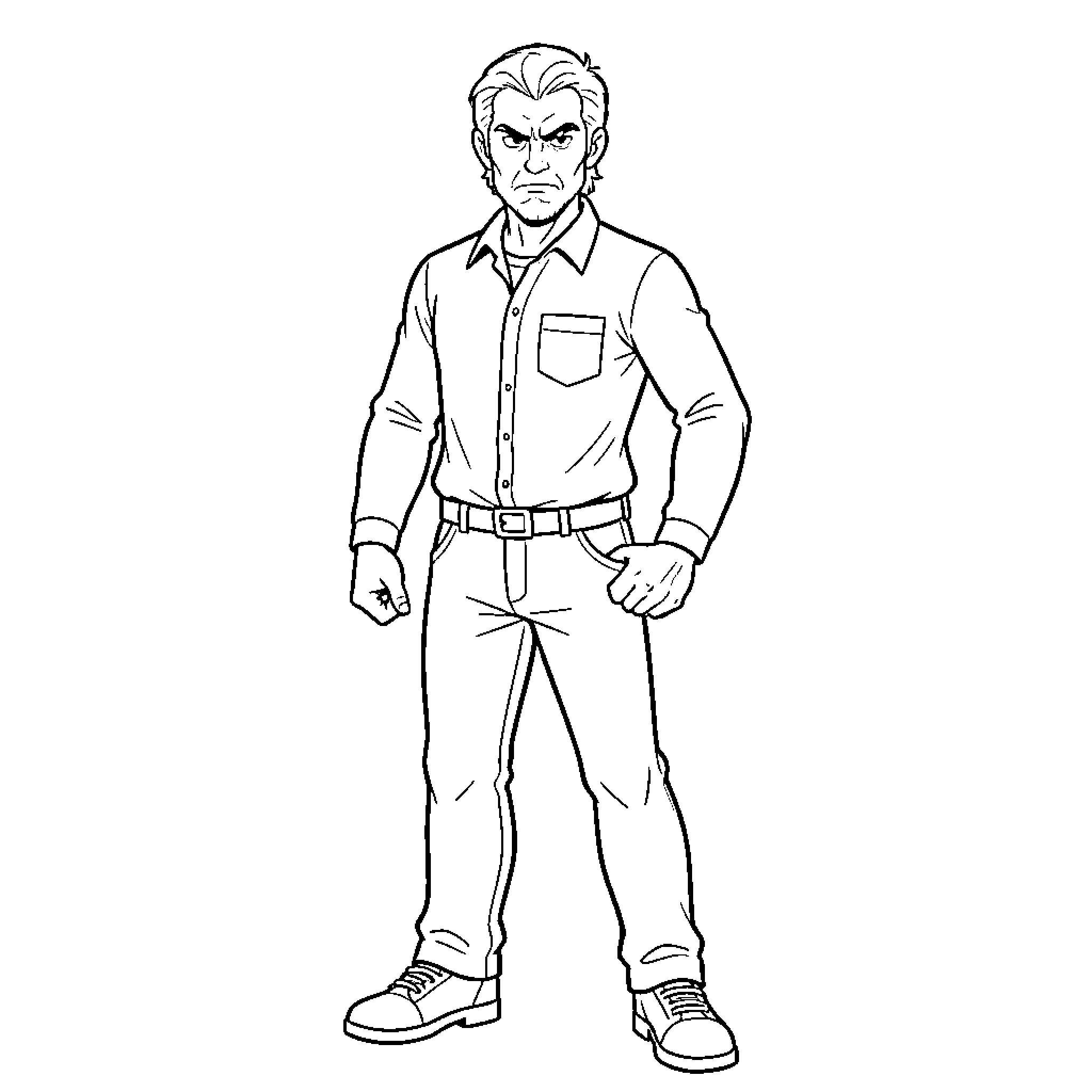Olivier standing with a serious and determined expression Coloring Page (free black-and-white line drawing printable PDF for all, from beginners to advanced learners, including children, teens, adults, and seniors)