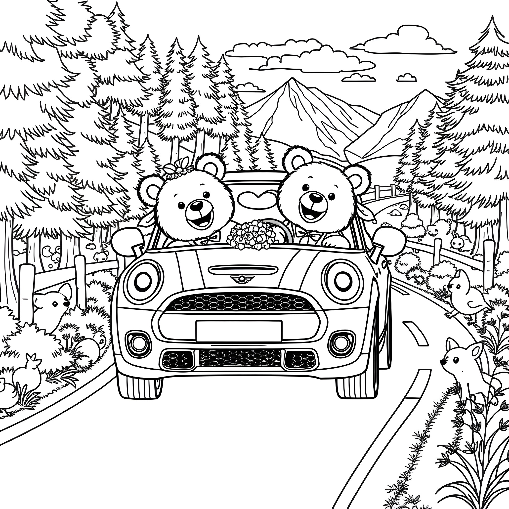 Bear friends driving car through scenic forest landscape Coloring Page (free black-and-white line drawing printable PDF for all, from beginners to advanced learners, including children, teens, adults, and seniors)