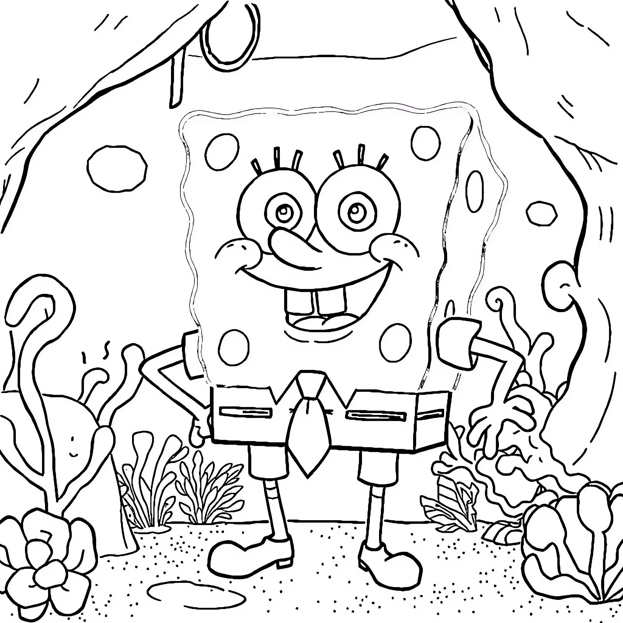 Spongebob's Underwater Adventure Coloring Page (free black-and-white line drawing printable PDF for all, from beginners to advanced learners, including children, teens, adults, and seniors)