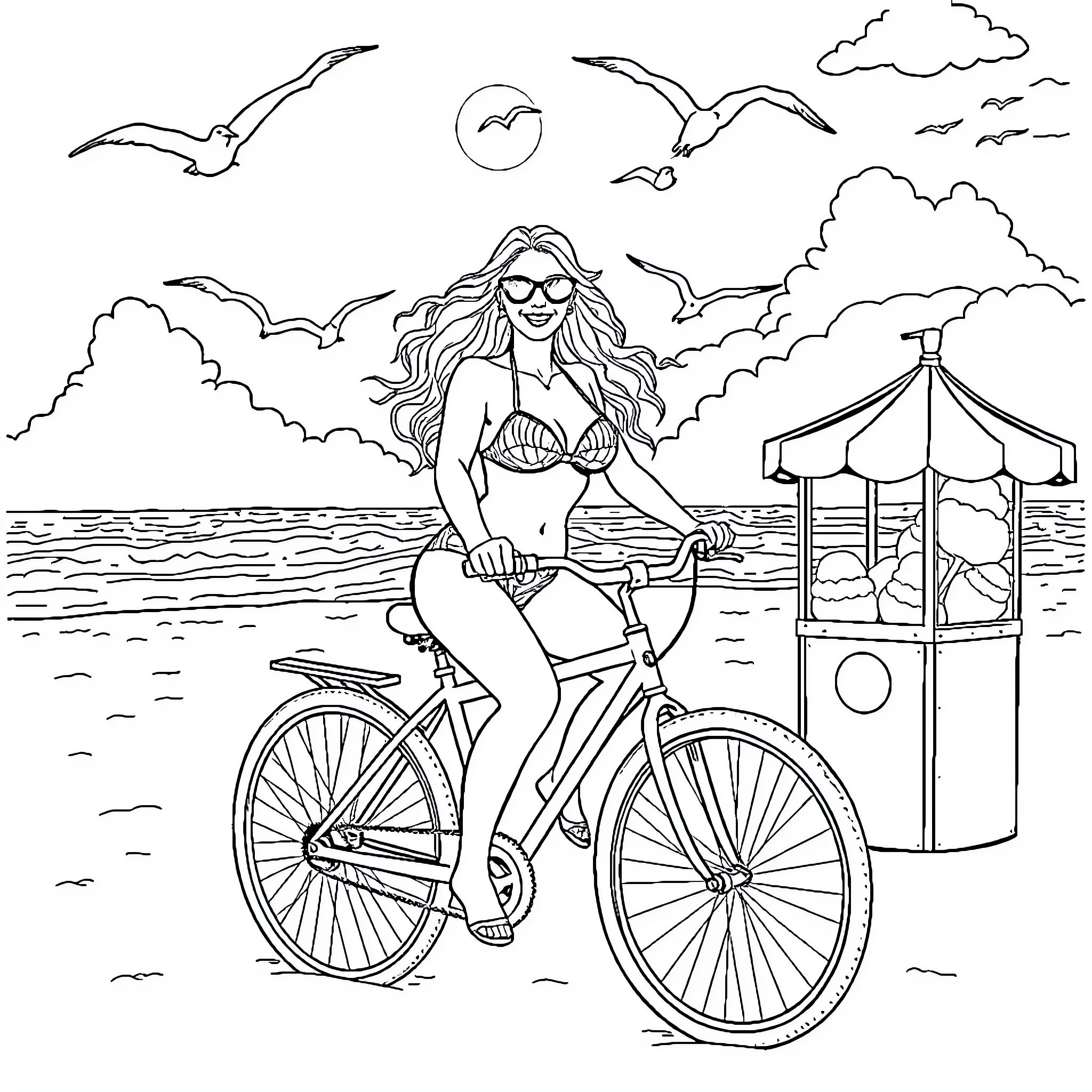 Britney Spears enjoying a beach bike ride Coloring Page (free black-and-white line drawing printable PDF for all, from beginners to advanced learners, including children, teens, adults, and seniors)