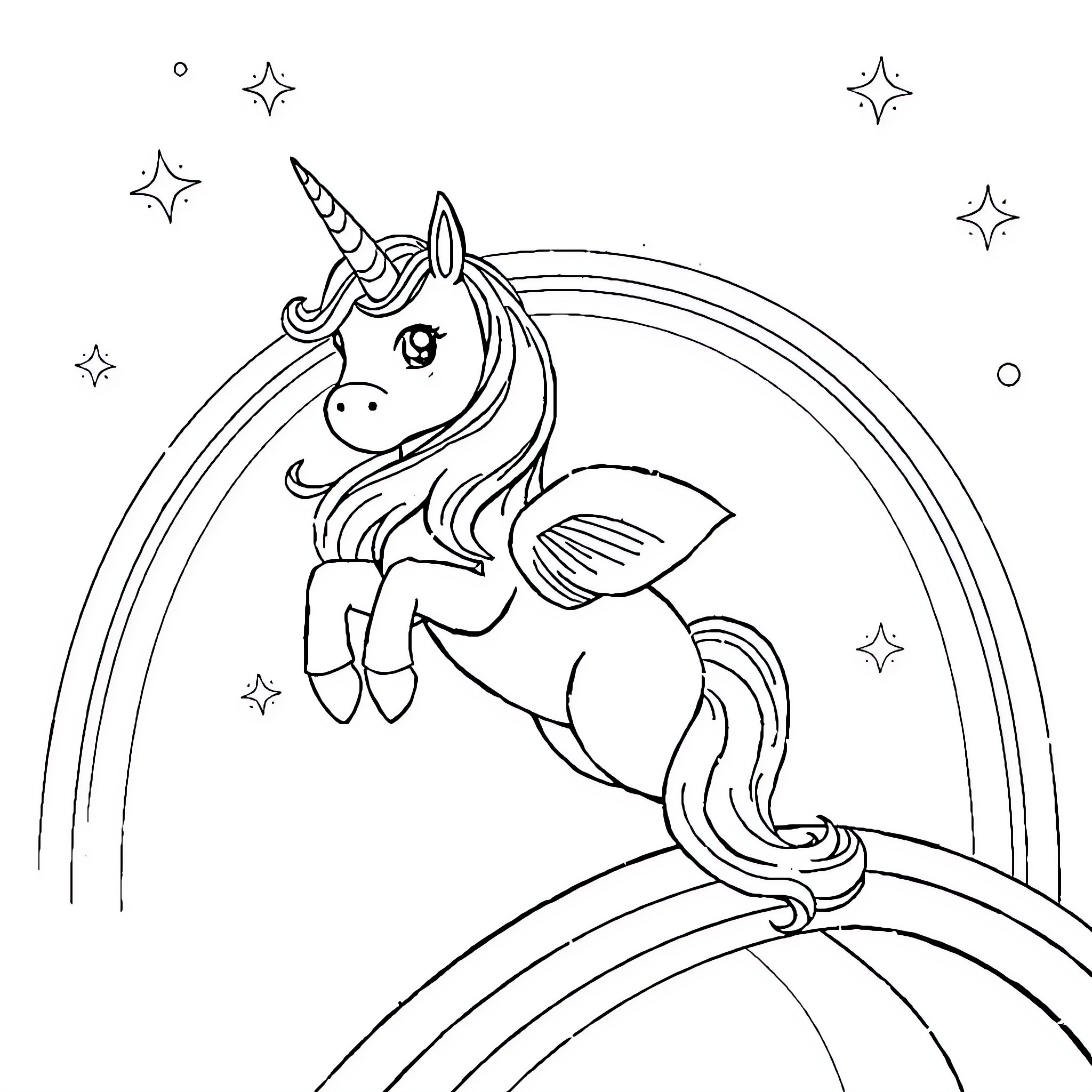 Unicorn riding on a rainbow with shining stars Coloring Page (free black-and-white line drawing printable PDF for all, from beginners to advanced learners, including children, teens, adults, and seniors)