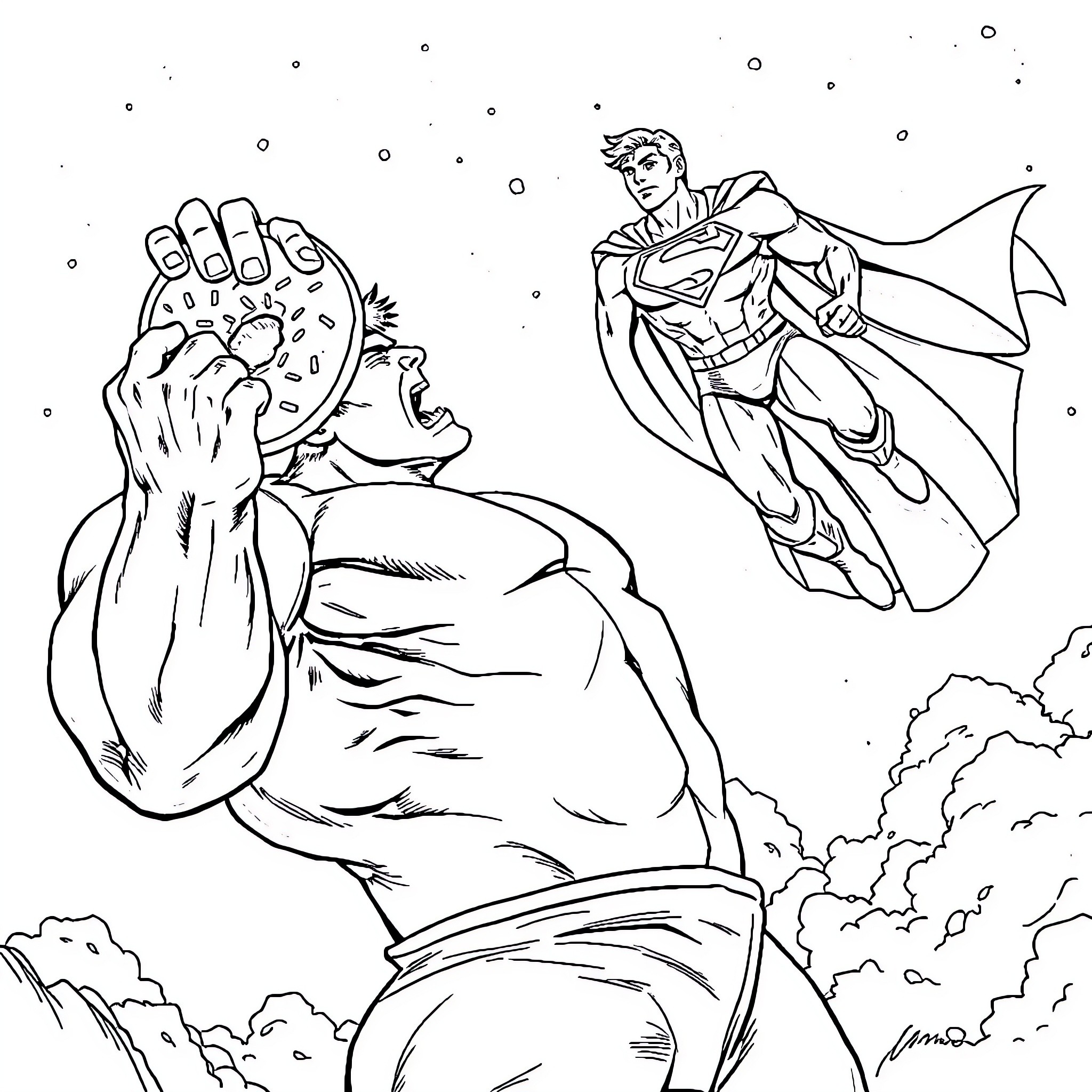 Hulk confronting heroic figure in the sky Coloring Page (free black-and-white line drawing printable PDF for all, from beginners to advanced learners, including children, teens, adults, and seniors)