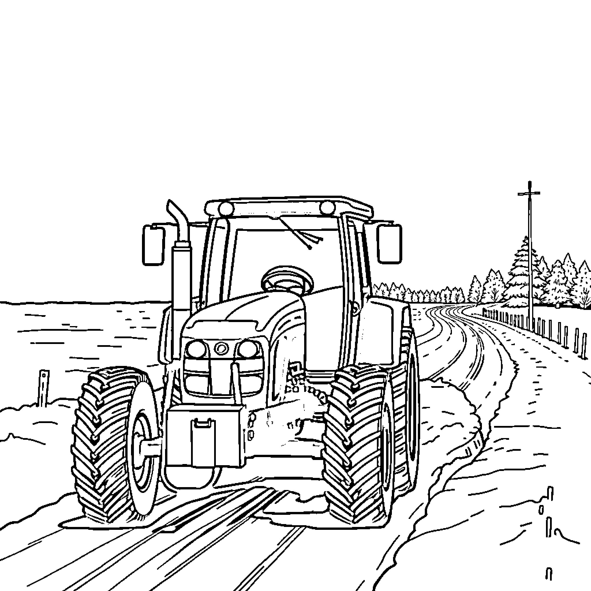 Tractor traveling on a rural road Coloring Page (free black-and-white line drawing printable PDF for all, from beginners to advanced learners, including children, teens, adults, and seniors)