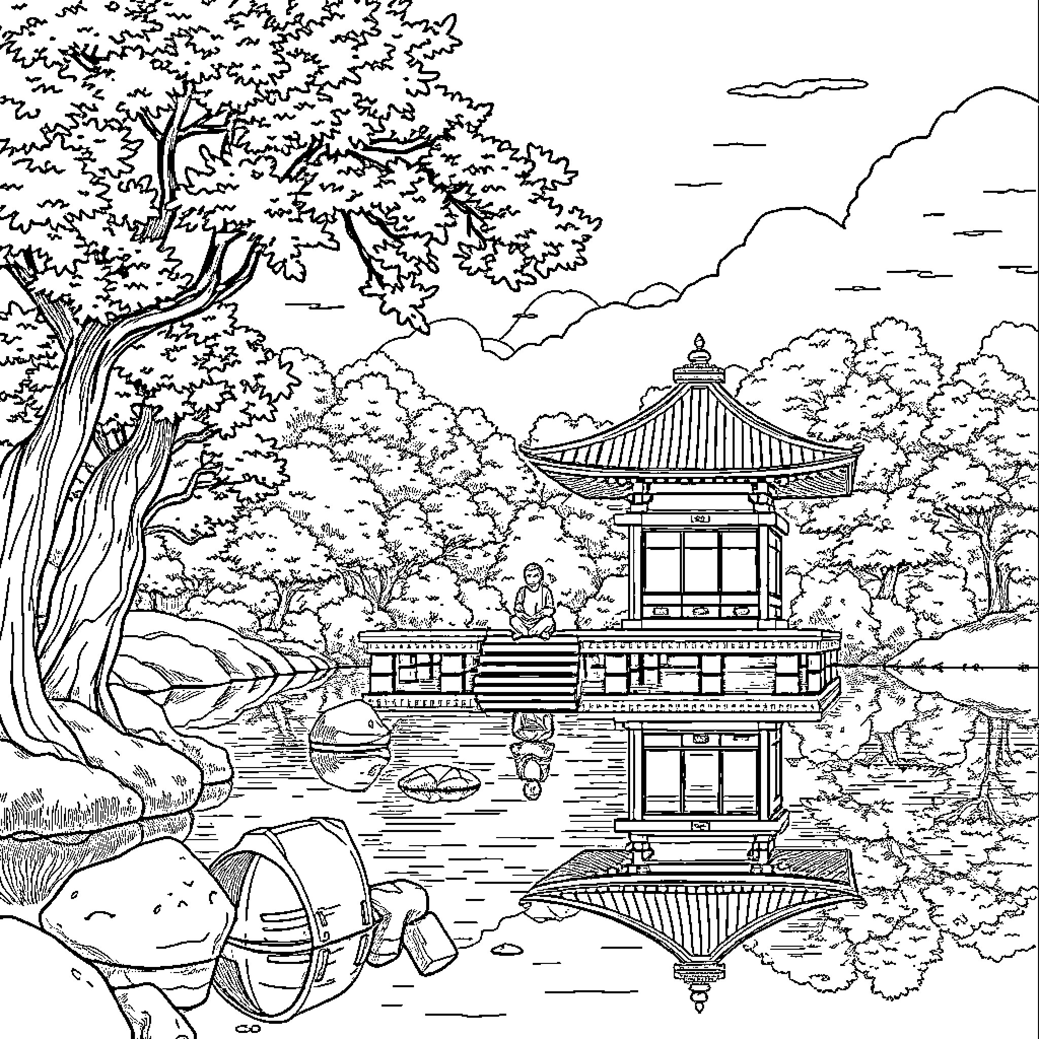 Superman explores a serene Japanese garden landscape Coloring Page (free black-and-white line drawing printable PDF for all, from beginners to advanced learners, including children, teens, adults, and seniors)