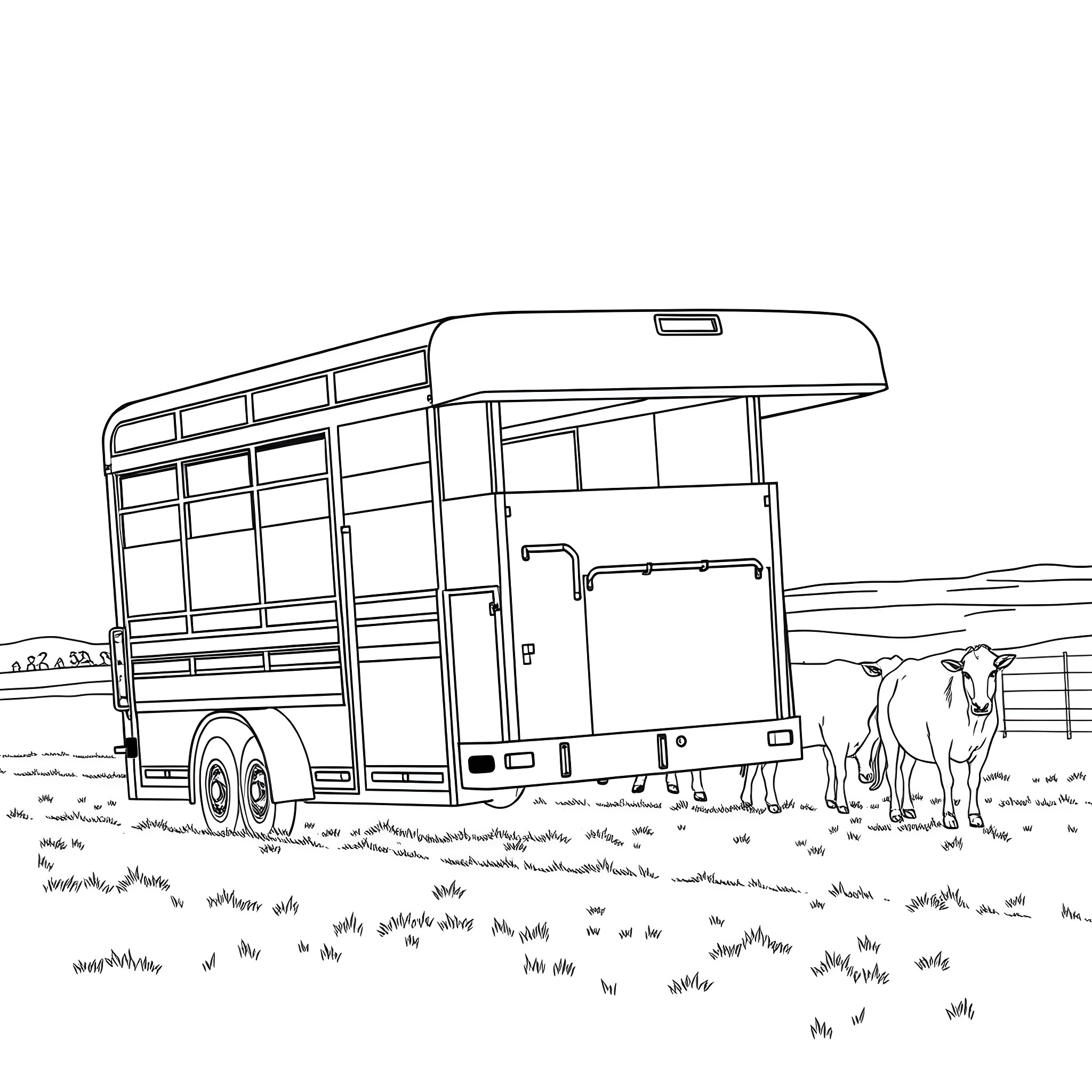 Gooseneck Trailer with Farm Animals in the Pasture Coloring Page (free black-and-white line drawing printable PDF for all, from beginners to advanced learners, including children, teens, adults, and seniors)
