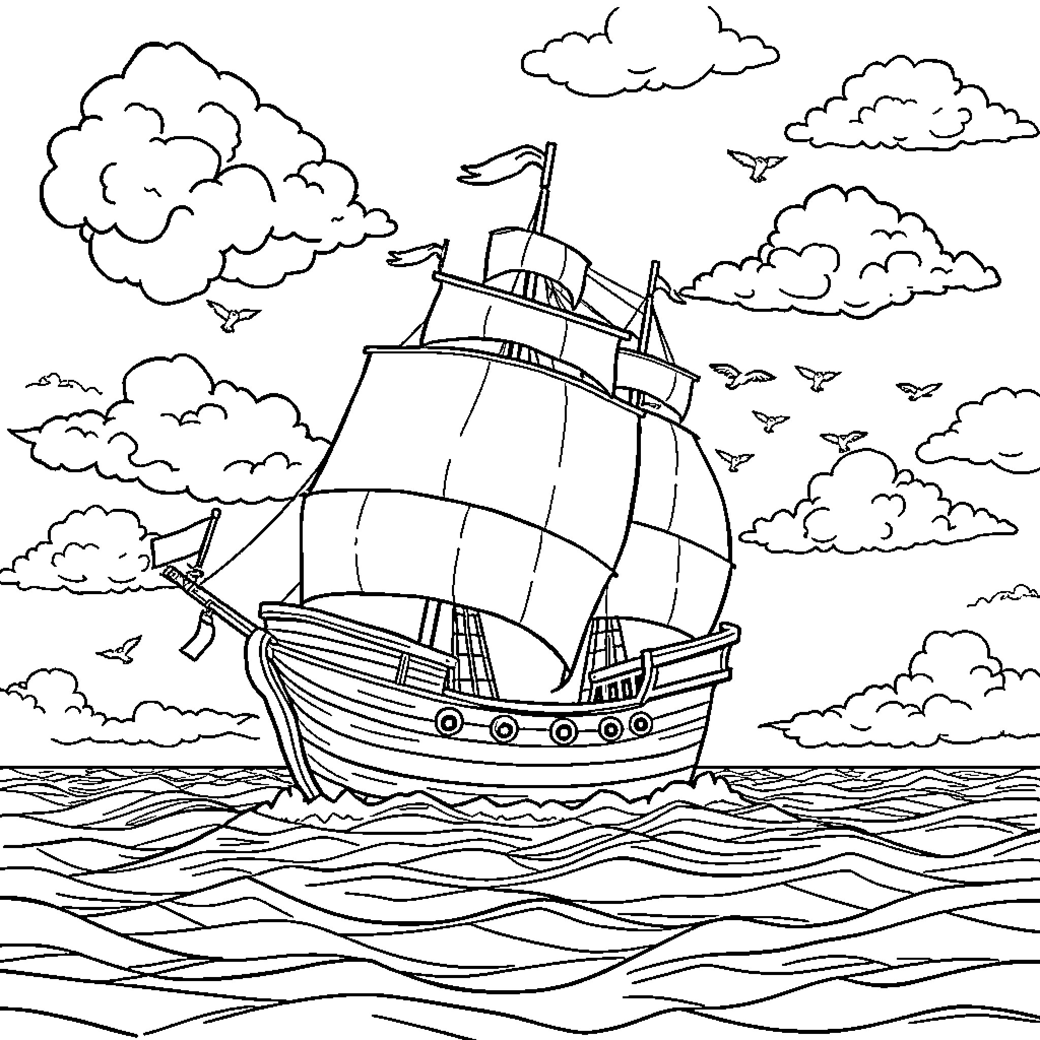 Pirate Ship Sailing Across Stormy Seas Coloring Page (free black-and-white line drawing printable PDF for all, from beginners to advanced learners, including children, teens, adults, and seniors)