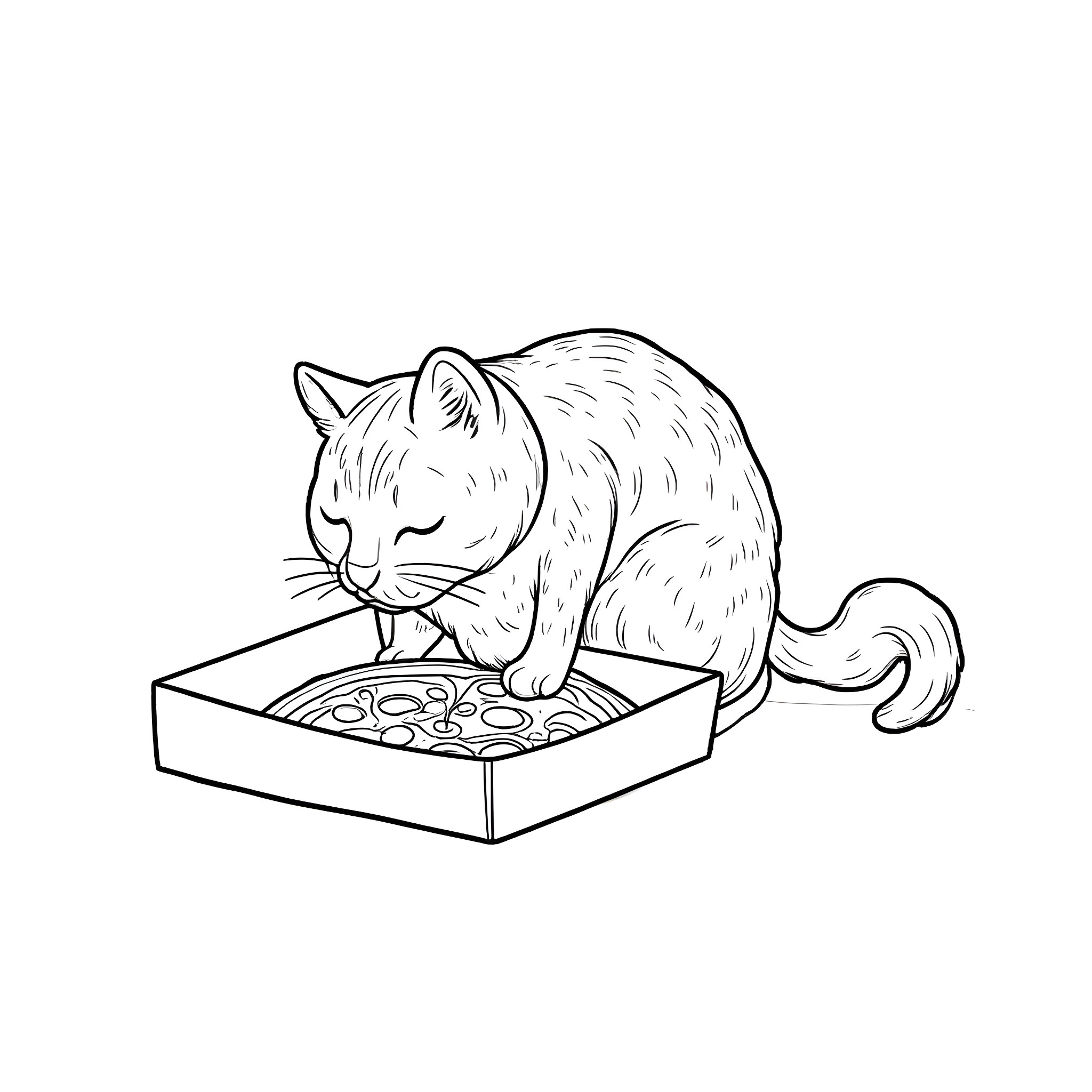 Cat exploring a box of treats Coloring Page (free black-and-white line drawing printable PDF for all, from beginners to advanced learners, including children, teens, adults, and seniors)