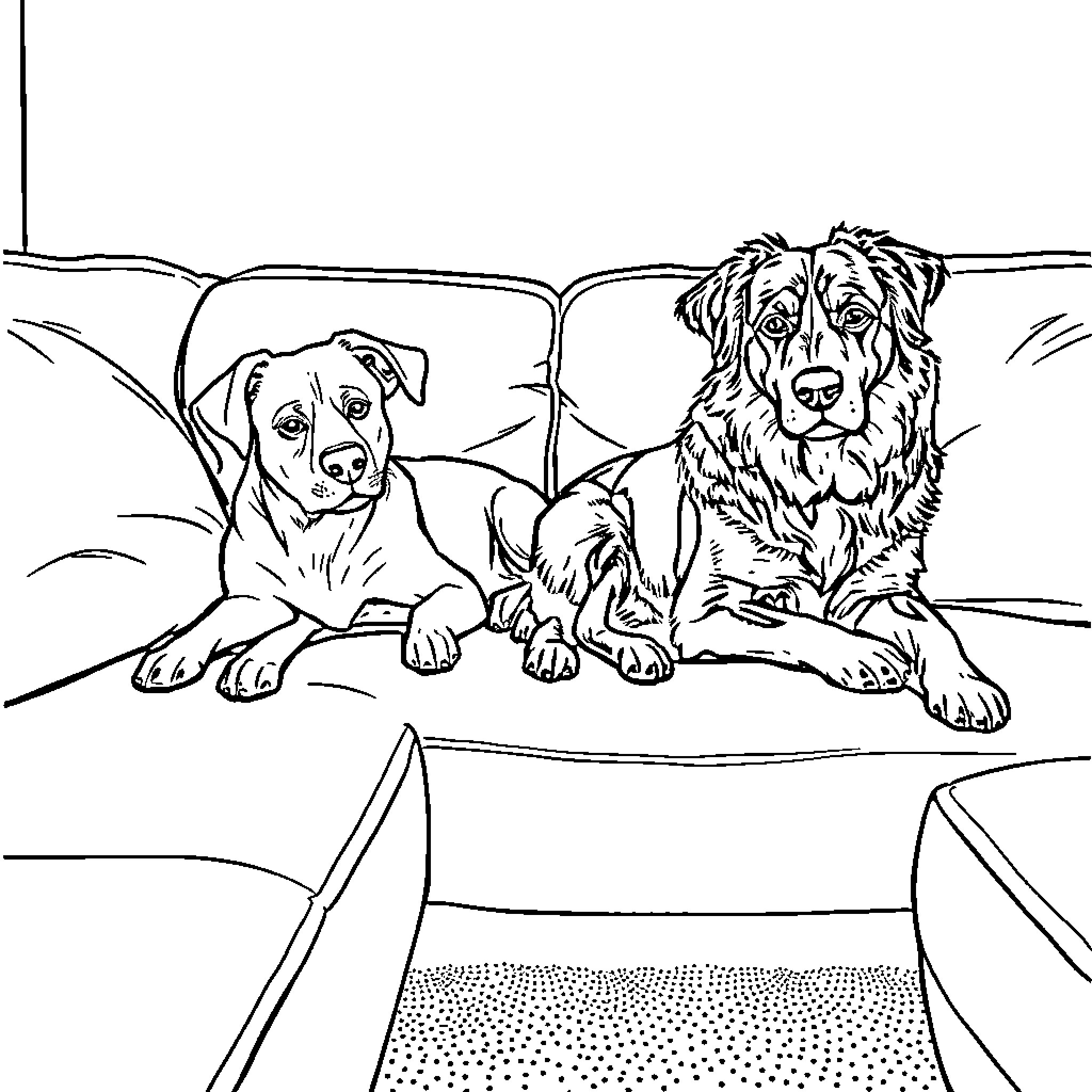 Dogs playing together in the yard Coloring Page (free black-and-white line drawing printable PDF for all, from beginners to advanced learners, including children, teens, adults, and seniors)