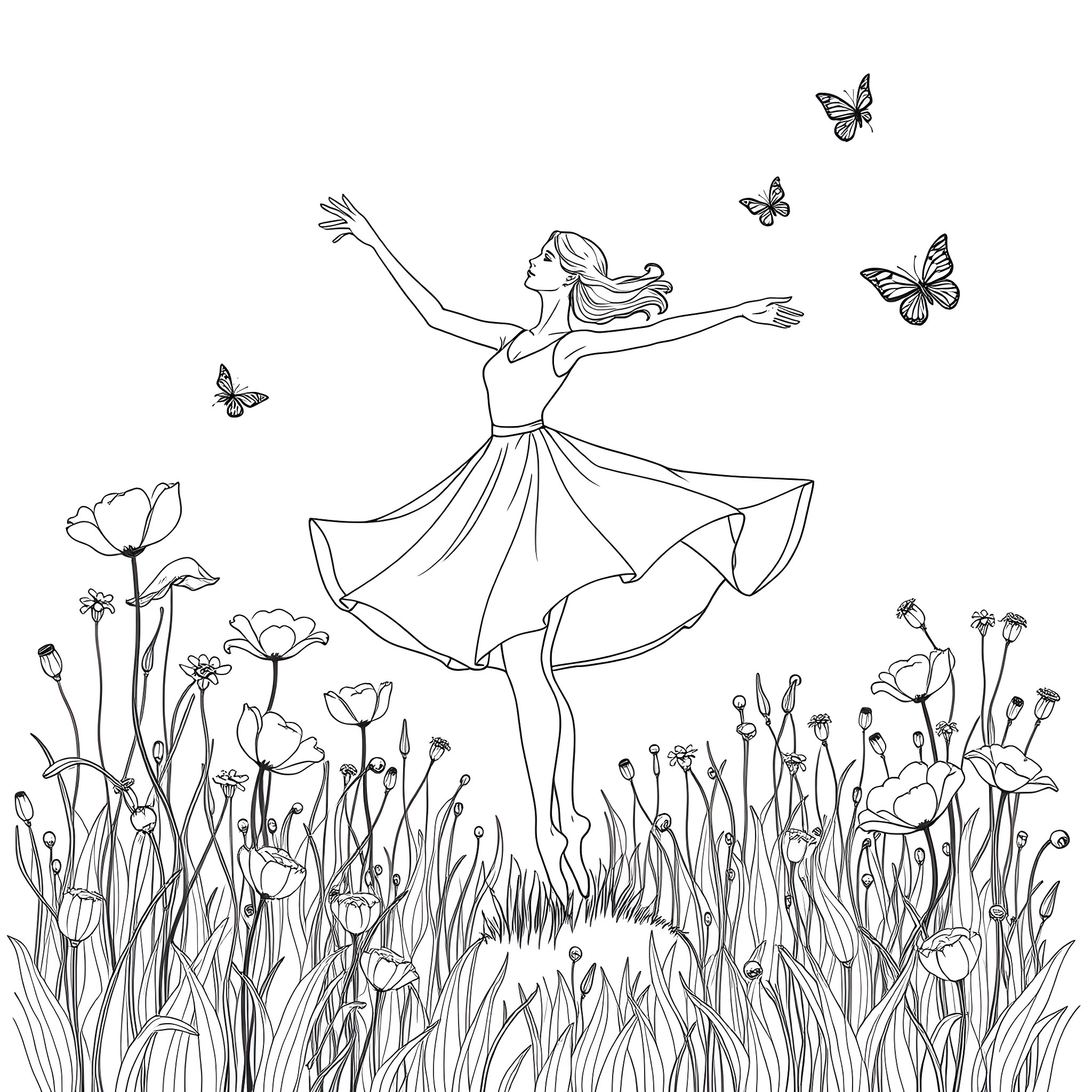 Ballerina dancing among flowers and butterflies Coloring Page (free black-and-white line drawing printable PDF for all, from beginners to advanced learners, including children, teens, adults, and seniors)