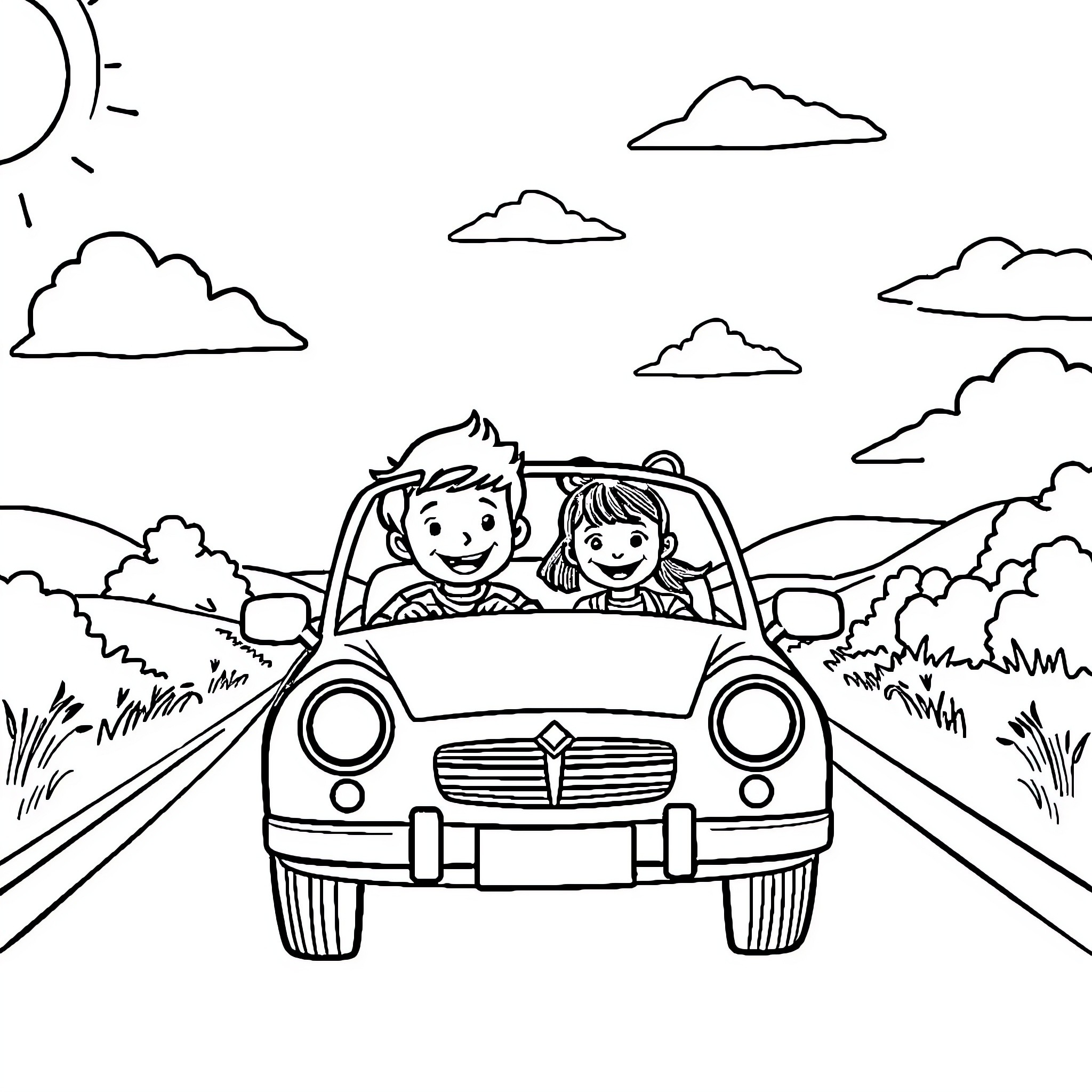 Car carrying happy kids on a scenic road Coloring Page (free black-and-white line drawing printable PDF for all, from beginners to advanced learners, including children, teens, adults, and seniors)