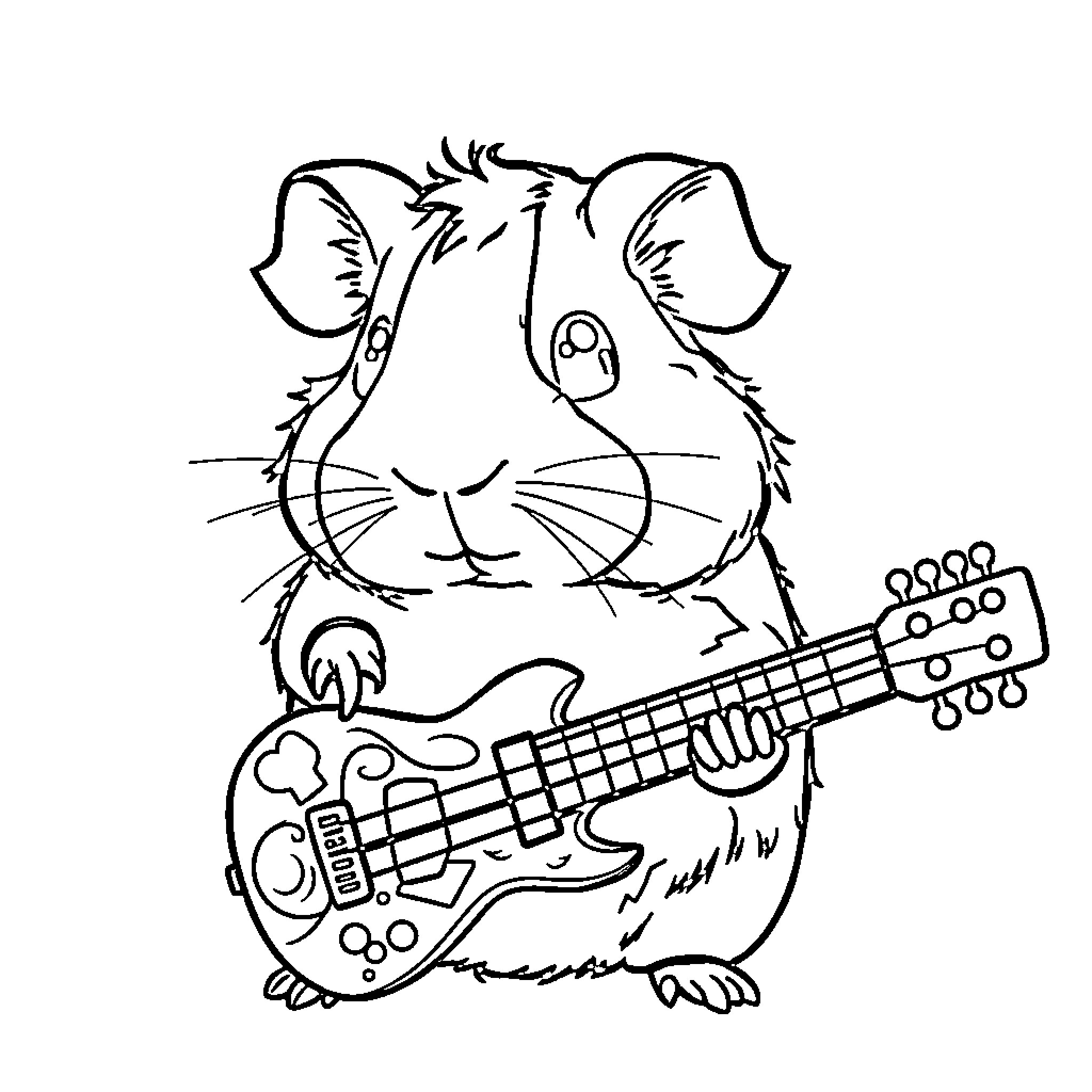 Guinea Pig playing electric guitar Coloring Page (free black-and-white line drawing printable PDF for all, from beginners to advanced learners, including children, teens, adults, and seniors)
