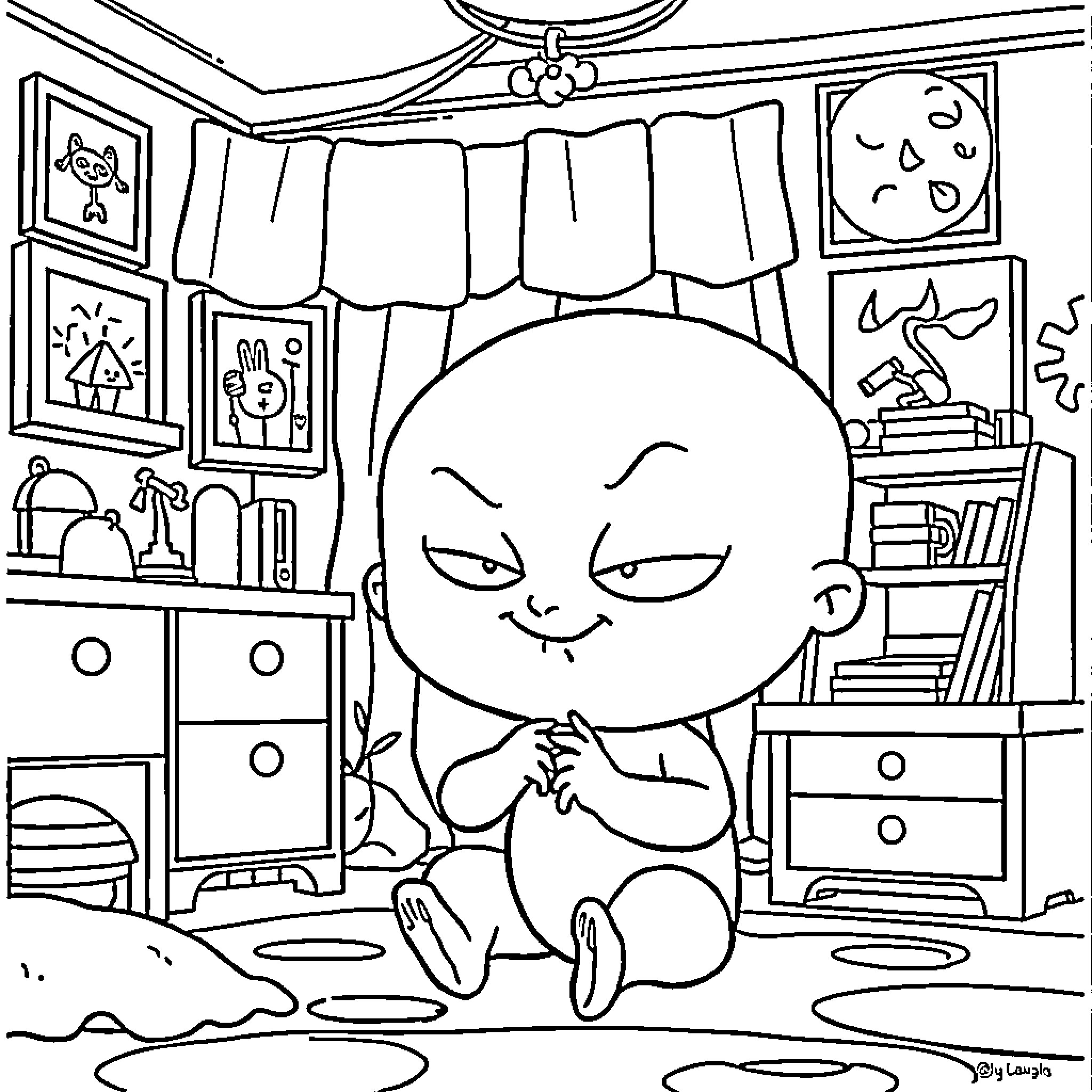 Stewie Griffin sitting in a room with toys and furniture Coloring Page (free black-and-white line drawing printable PDF for all, from beginners to advanced learners, including children, teens, adults, and seniors)