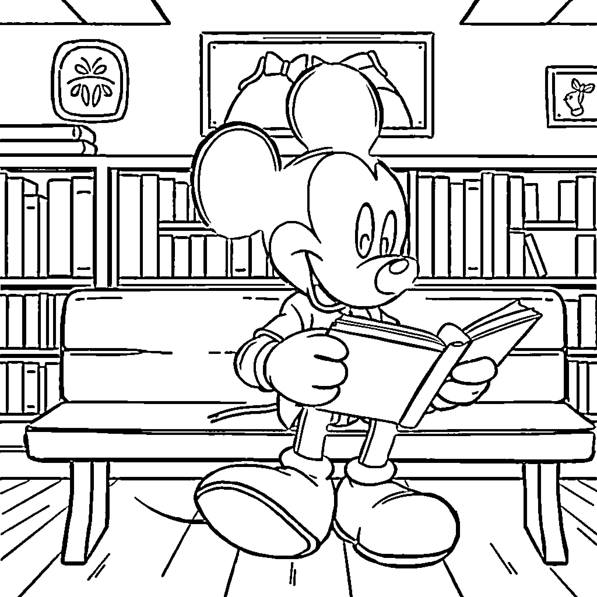 Mickey Mouse reading in the library Coloring Page (free black-and-white line drawing printable PDF for all, from beginners to advanced learners, including children, teens, adults, and seniors)