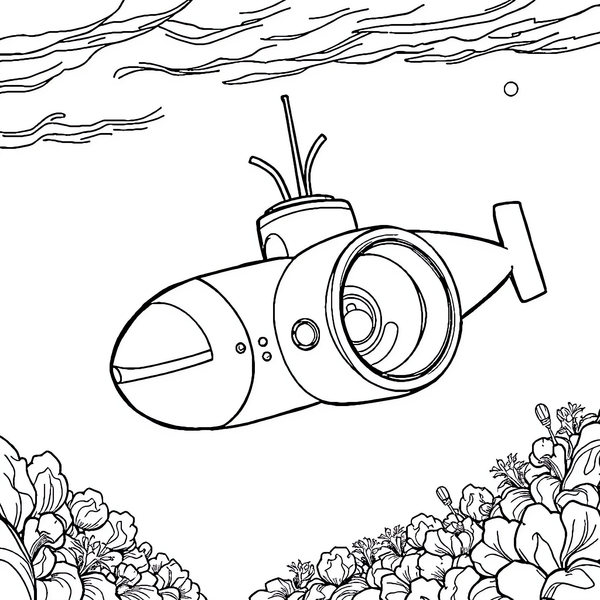 Submarine exploring underwater reef Coloring Page (free black-and-white line drawing printable PDF for all, from beginners to advanced learners, including children, teens, adults, and seniors)