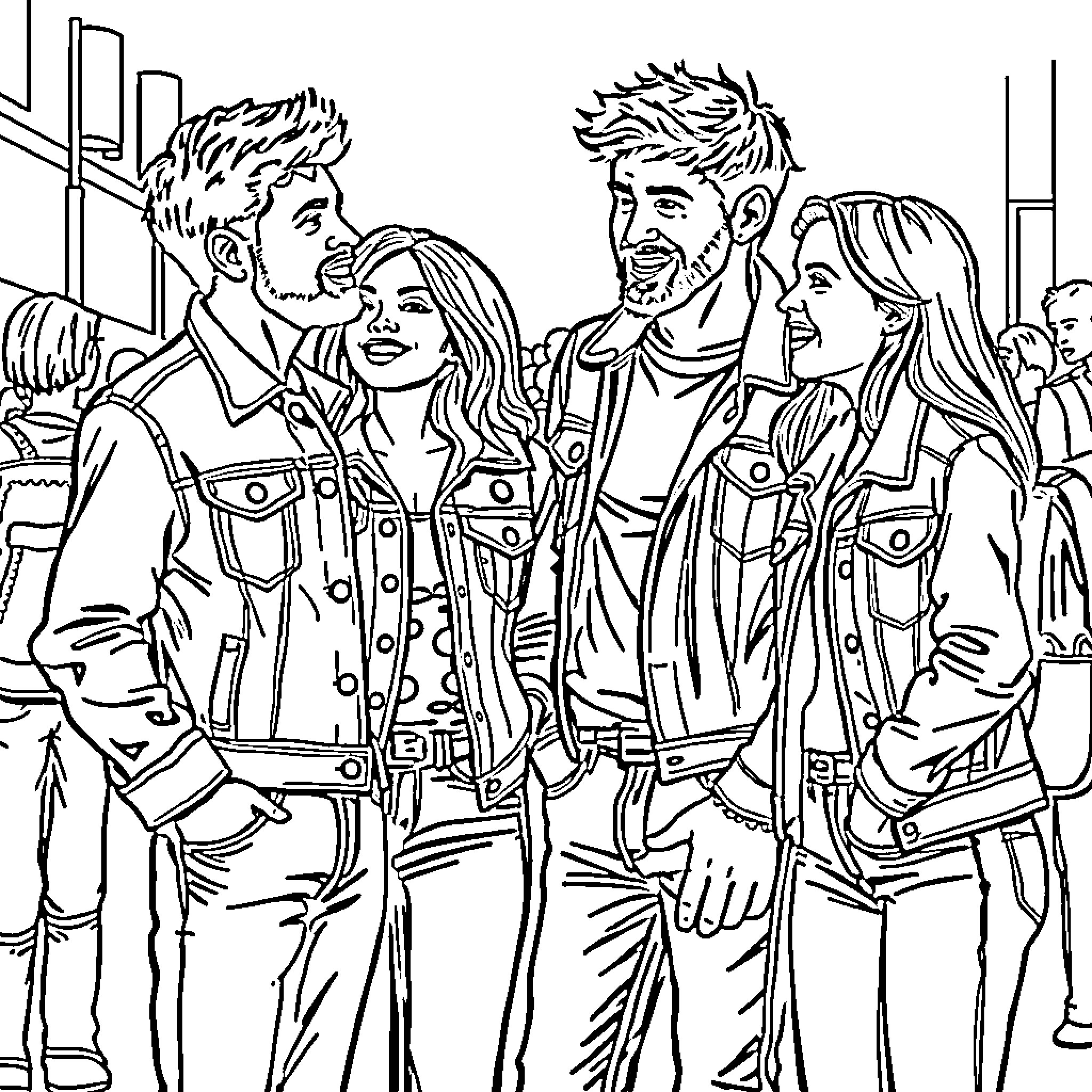 Person conversing with friends in casual outfit Coloring Page (free black-and-white line drawing printable PDF for all, from beginners to advanced learners, including children, teens, adults, and seniors)