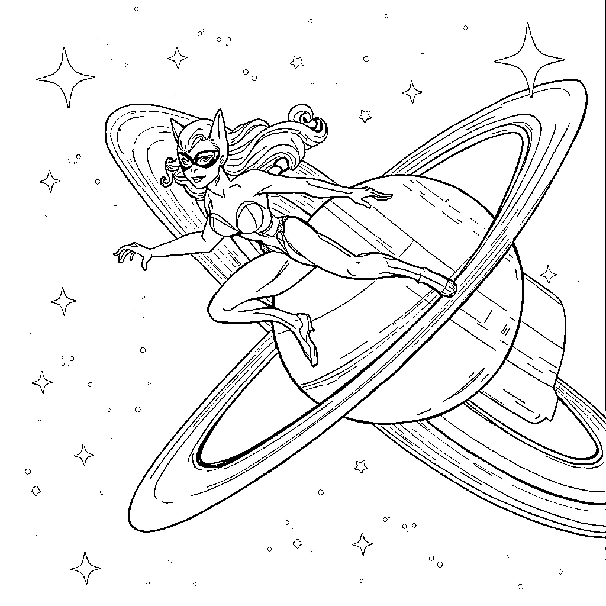 Catwoman soaring through the cosmic realm Coloring Page (free black-and-white line drawing printable PDF for all, from beginners to advanced learners, including children, teens, adults, and seniors)
