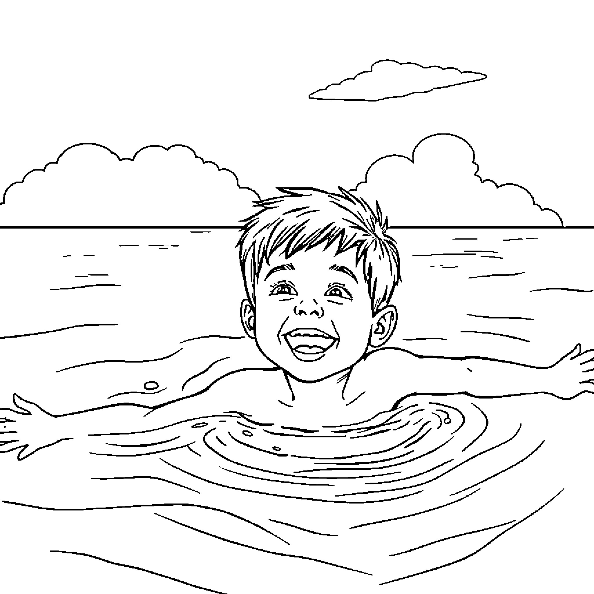 Boy enjoying a swim in the lake Coloring Page (free black-and-white line drawing printable PDF for all, from beginners to advanced learners, including children, teens, adults, and seniors)