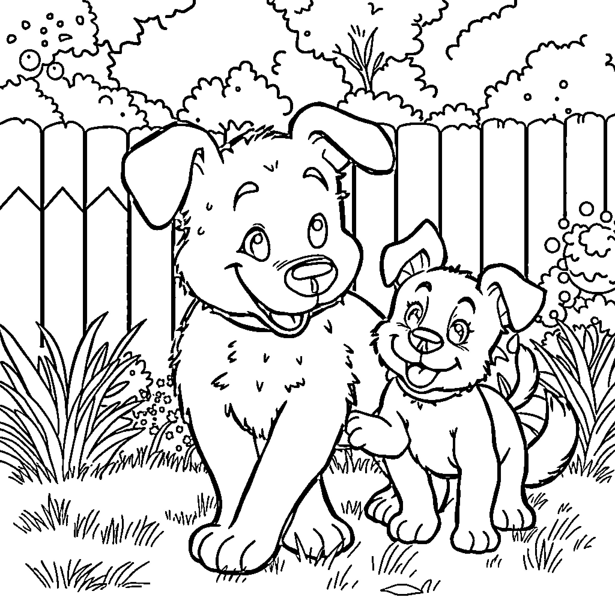 Bluey and Bingo playing happily in the backyard Coloring Page (free black-and-white line drawing printable PDF for all, from beginners to advanced learners, including children, teens, adults, and seniors)