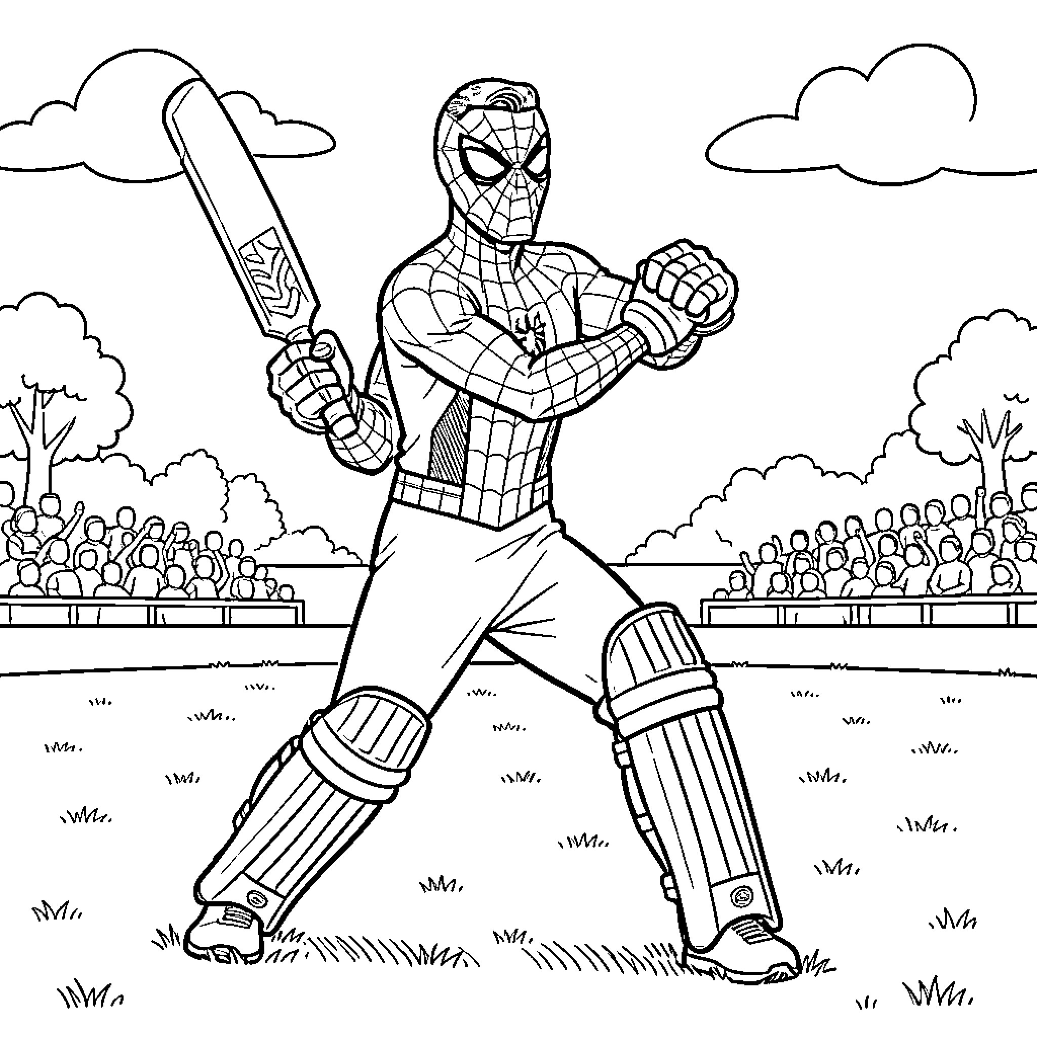 Cristiano Ronaldo as Spider-Man playing cricket in a stadium Coloring Page (free black-and-white line drawing printable PDF for all, from beginners to advanced learners, including children, teens, adults, and seniors)