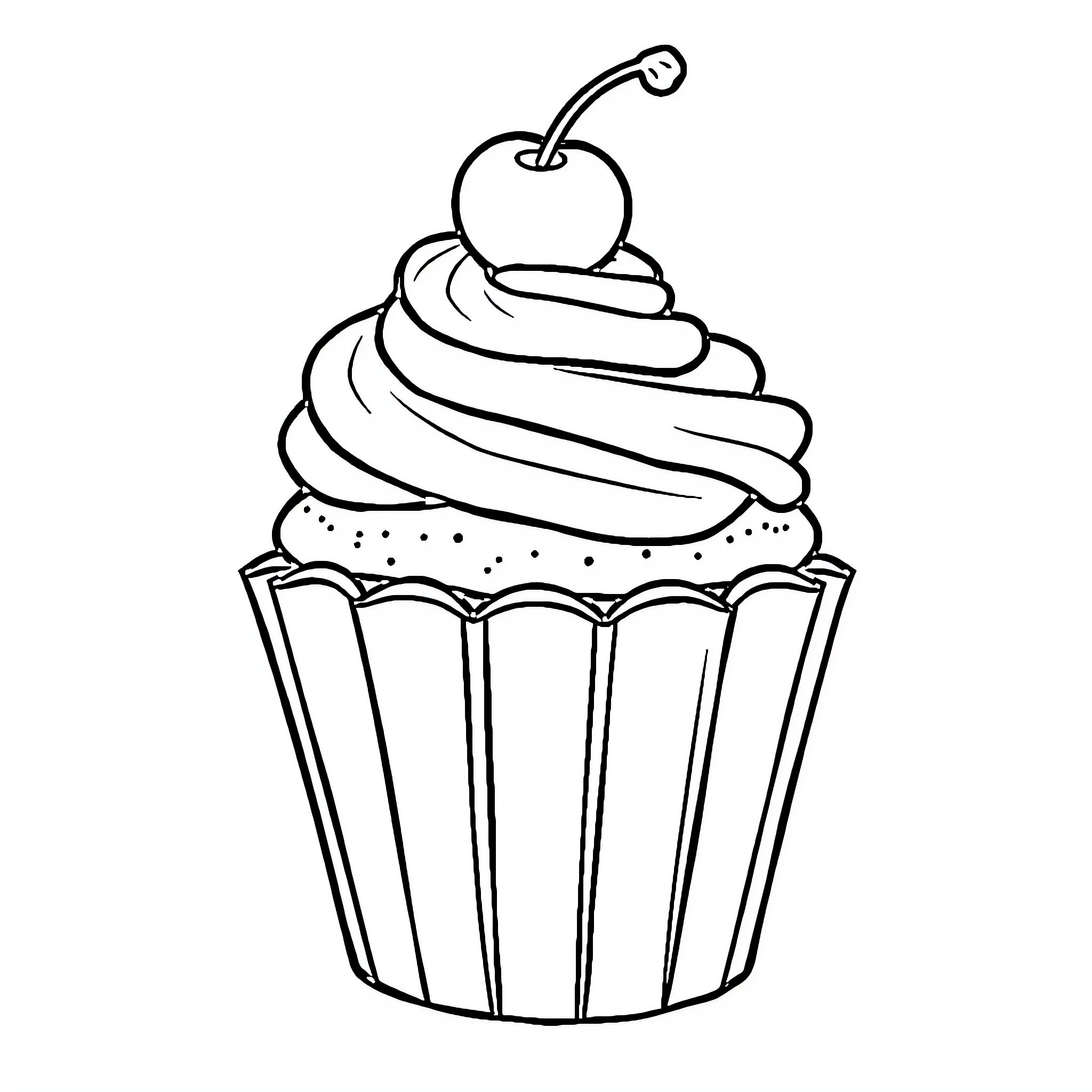 Cupcake with swirly frosting and cherry on top Coloring Page (free black-and-white line drawing printable PDF for all, from beginners to advanced learners, including children, teens, adults, and seniors)