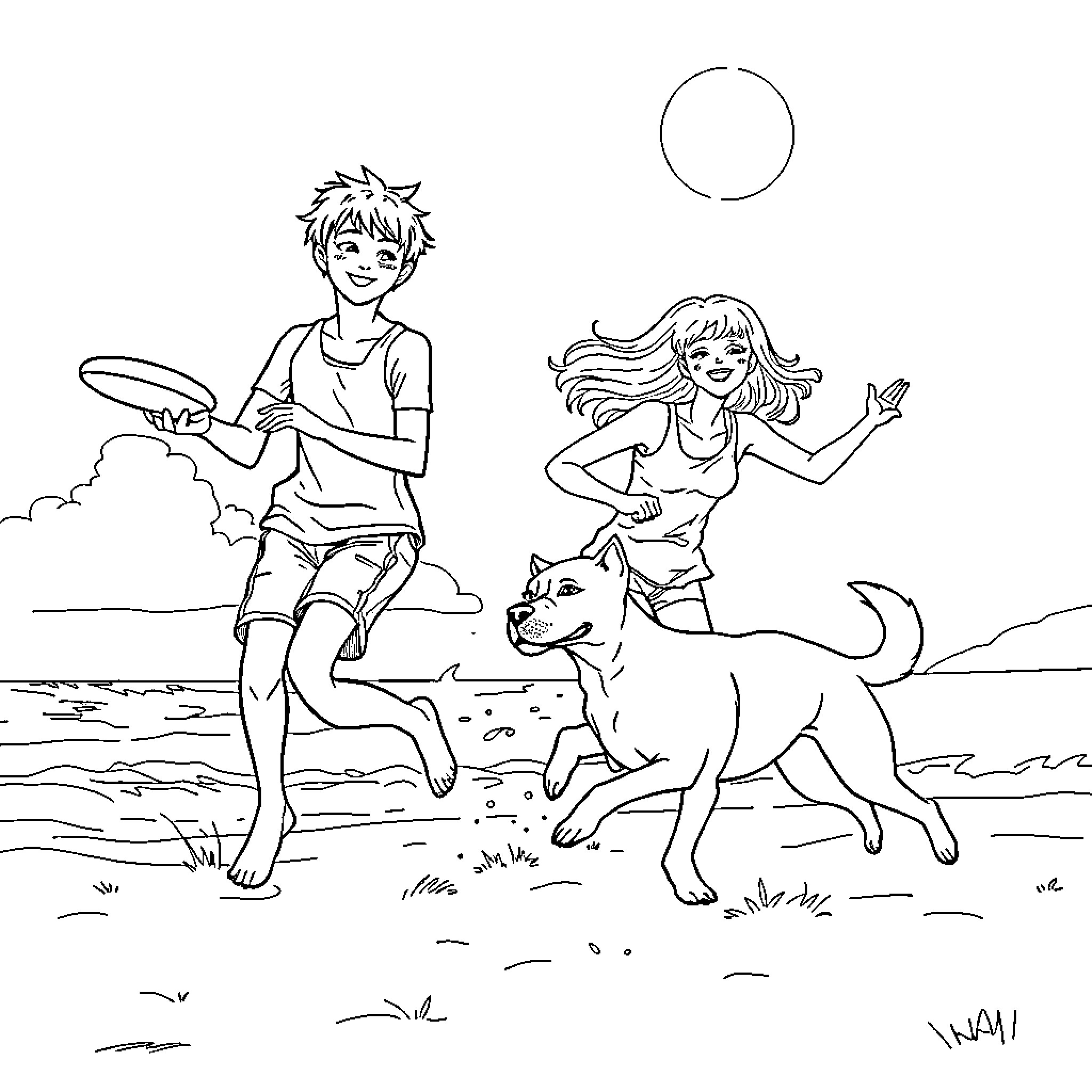 Gerreras playing happily with dog in the beach Coloring Page (free black-and-white line drawing printable PDF for all, from beginners to advanced learners, including children, teens, adults, and seniors)