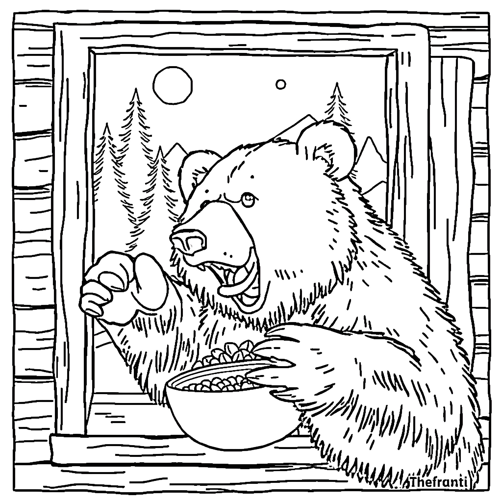 Grizzly Bear Eating Berries in the Woods Coloring Page (free black-and-white line drawing printable PDF for all, from beginners to advanced learners, including children, teens, adults, and seniors)