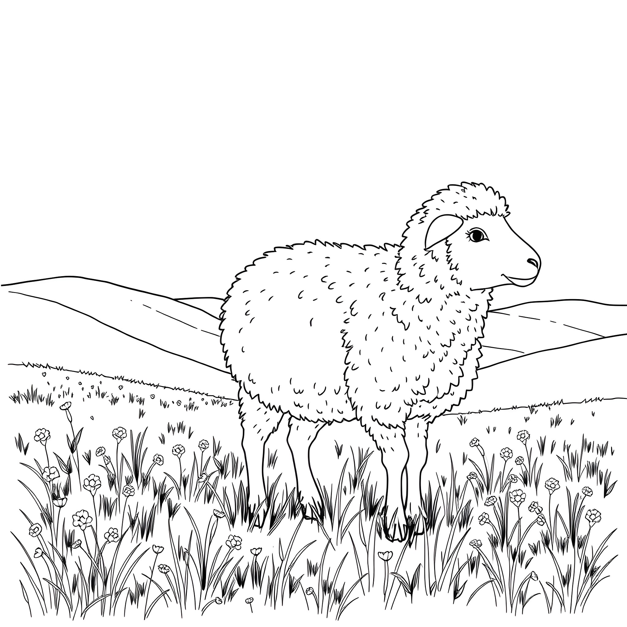 Sheep standing in a grassy field Coloring Page (free black-and-white line drawing printable PDF for all, from beginners to advanced learners, including children, teens, adults, and seniors)