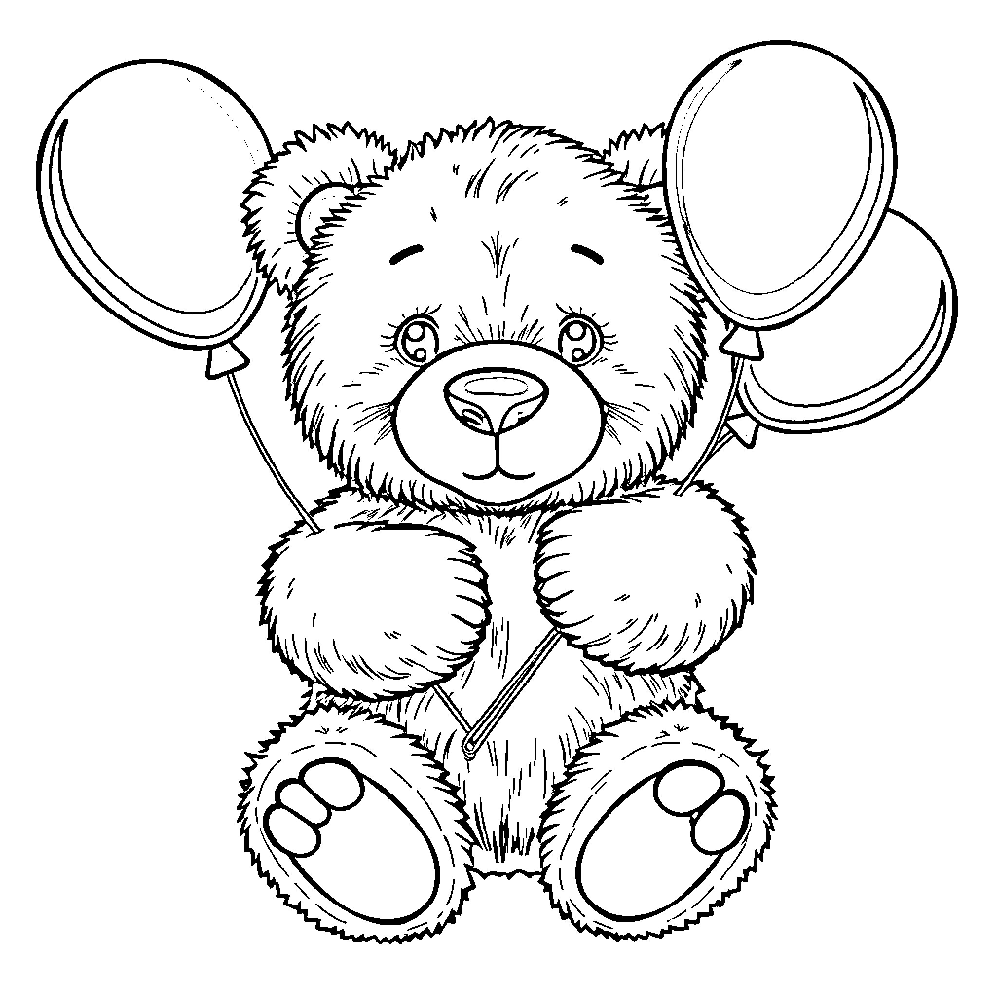 Teddy Bear holding balloons in a playful pose Coloring Page (free black-and-white line drawing printable PDF for all, from beginners to advanced learners, including children, teens, adults, and seniors)