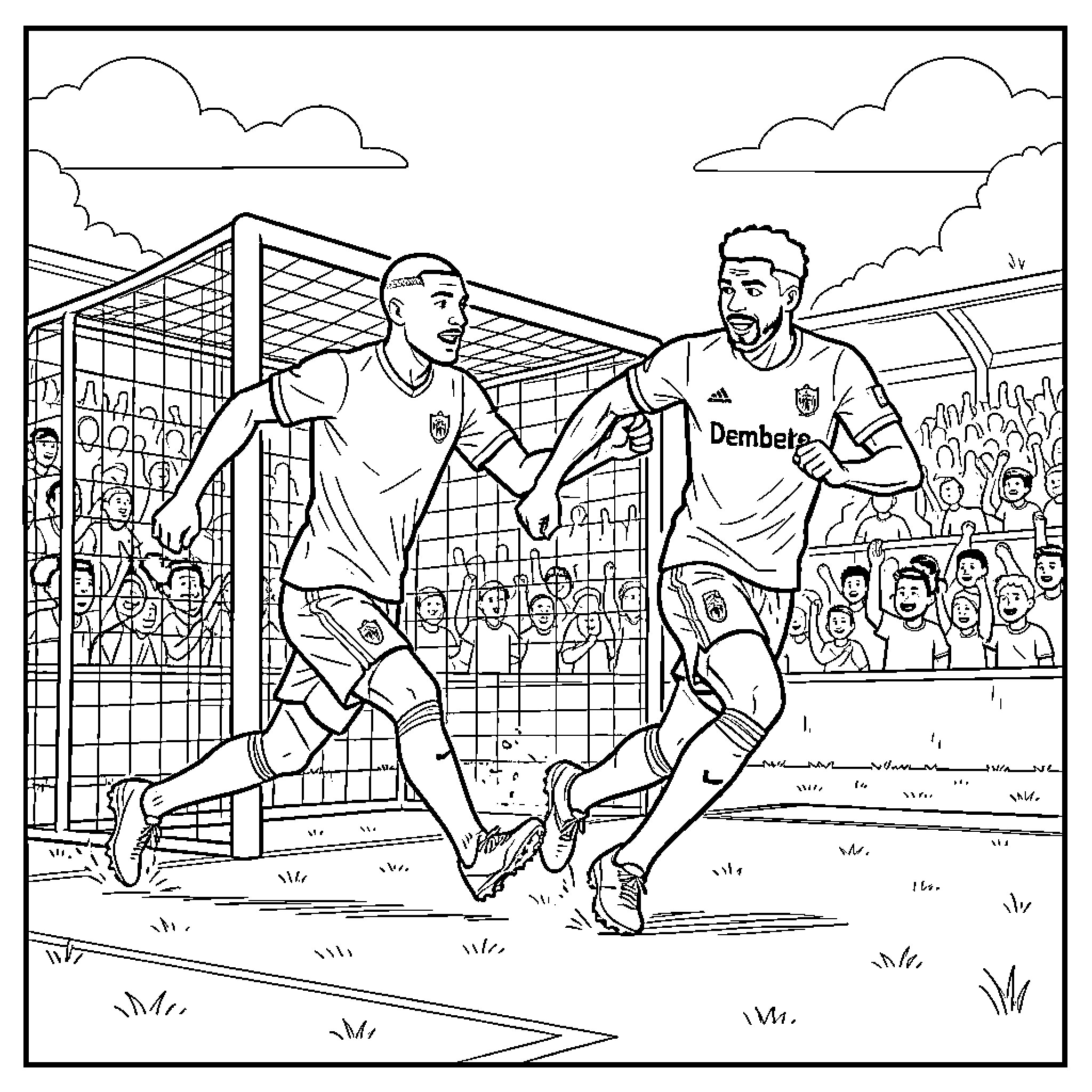 Mbappe and Dembele celebrating a goal on the field Coloring Page (free black-and-white line drawing printable PDF for all, from beginners to advanced learners, including children, teens, adults, and seniors)