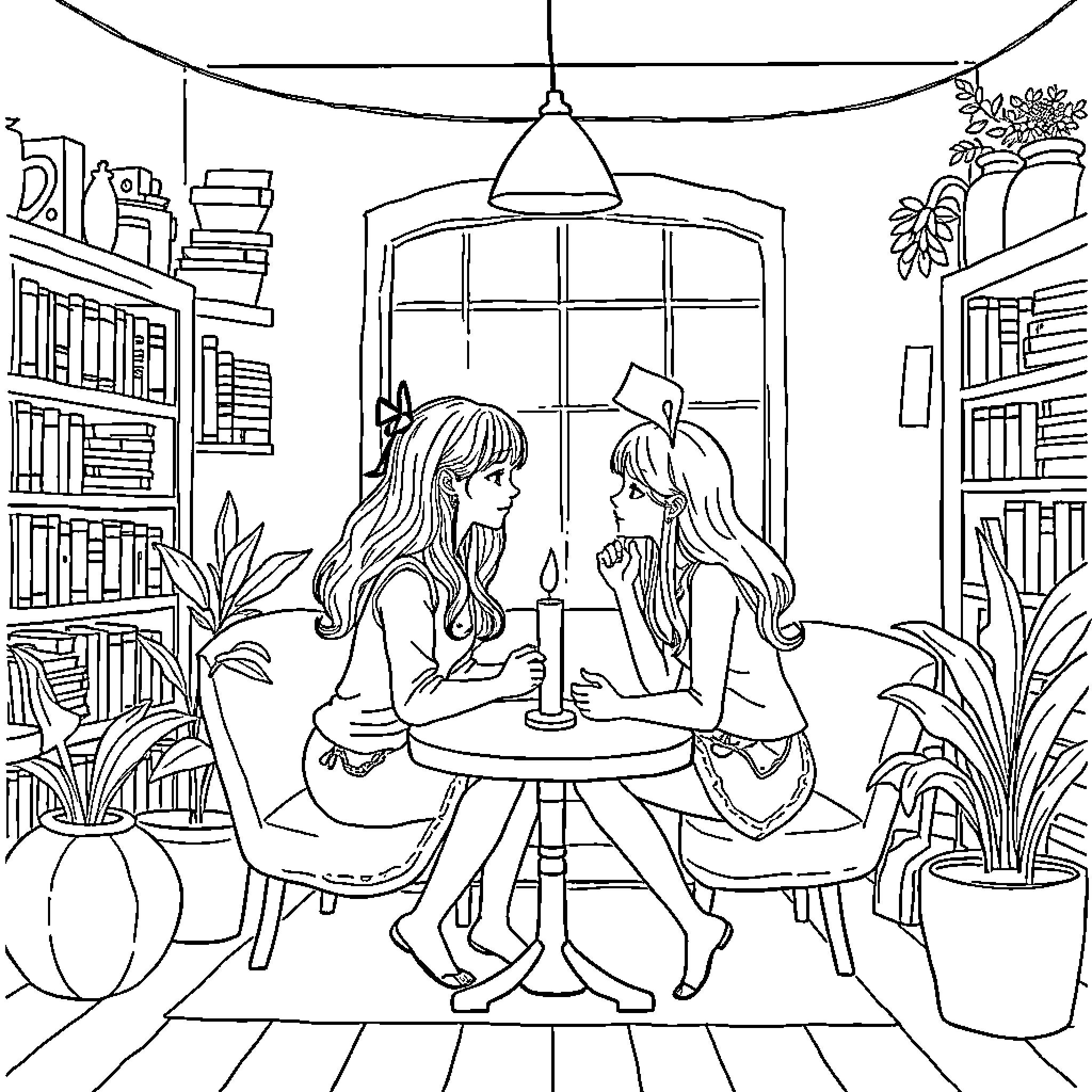 Girls chatting and enjoying drinks in cozy study Coloring Page (free black-and-white line drawing printable PDF for all, from beginners to advanced learners, including children, teens, adults, and seniors)