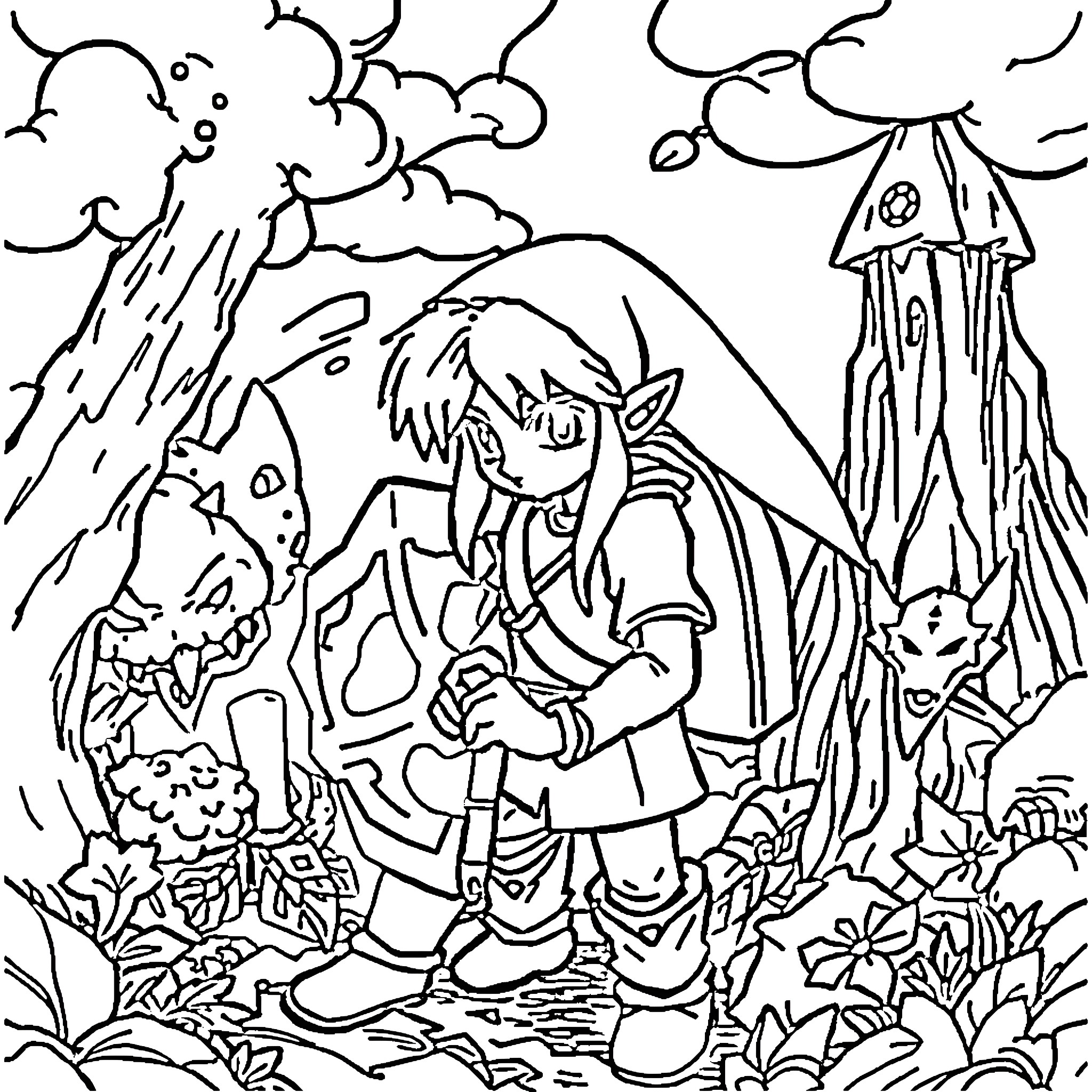 Zelda exploring the enchanted forest Coloring Page (free black-and-white line drawing printable PDF for all, from beginners to advanced learners, including children, teens, adults, and seniors)