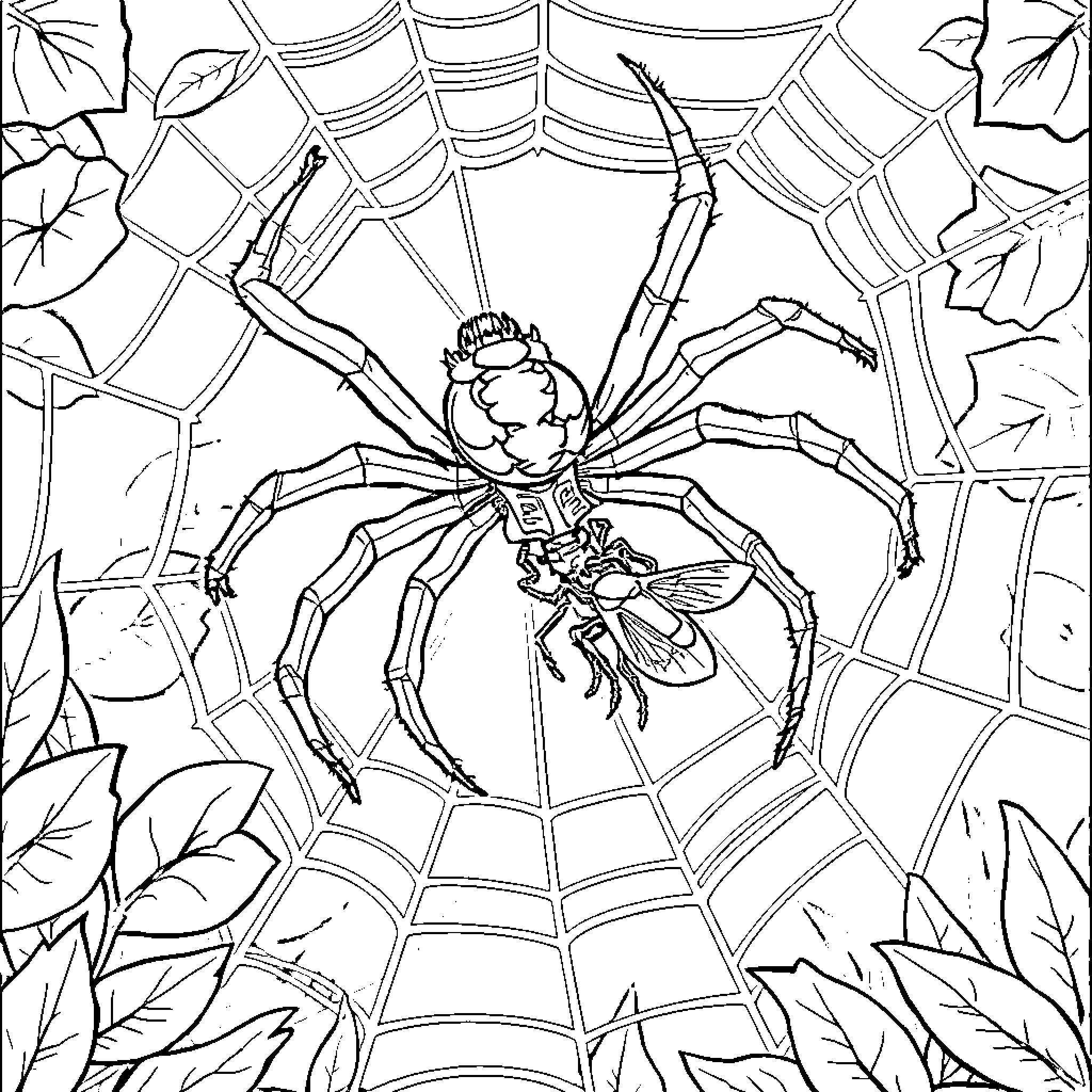Spider catching its prey in a web Coloring Page (free black-and-white line drawing printable PDF for all, from beginners to advanced learners, including children, teens, adults, and seniors)