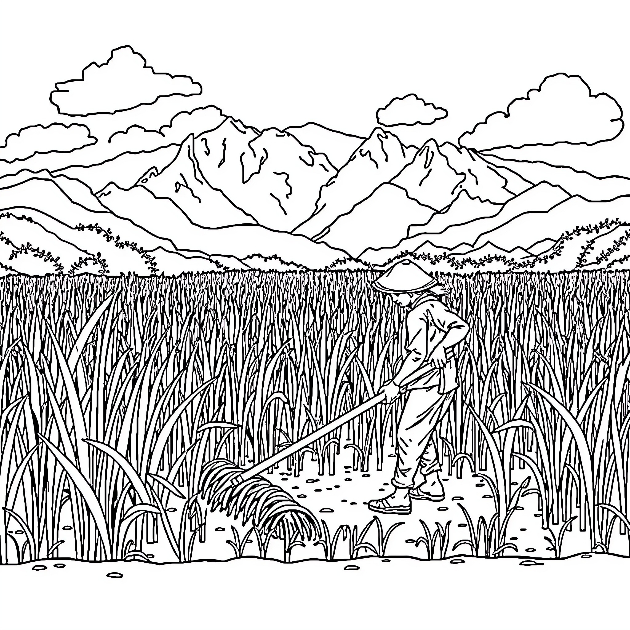 Farmer working in lush field with mountain backdrop Coloring Page (free black-and-white line drawing printable PDF for all, from beginners to advanced learners, including children, teens, adults, and seniors)