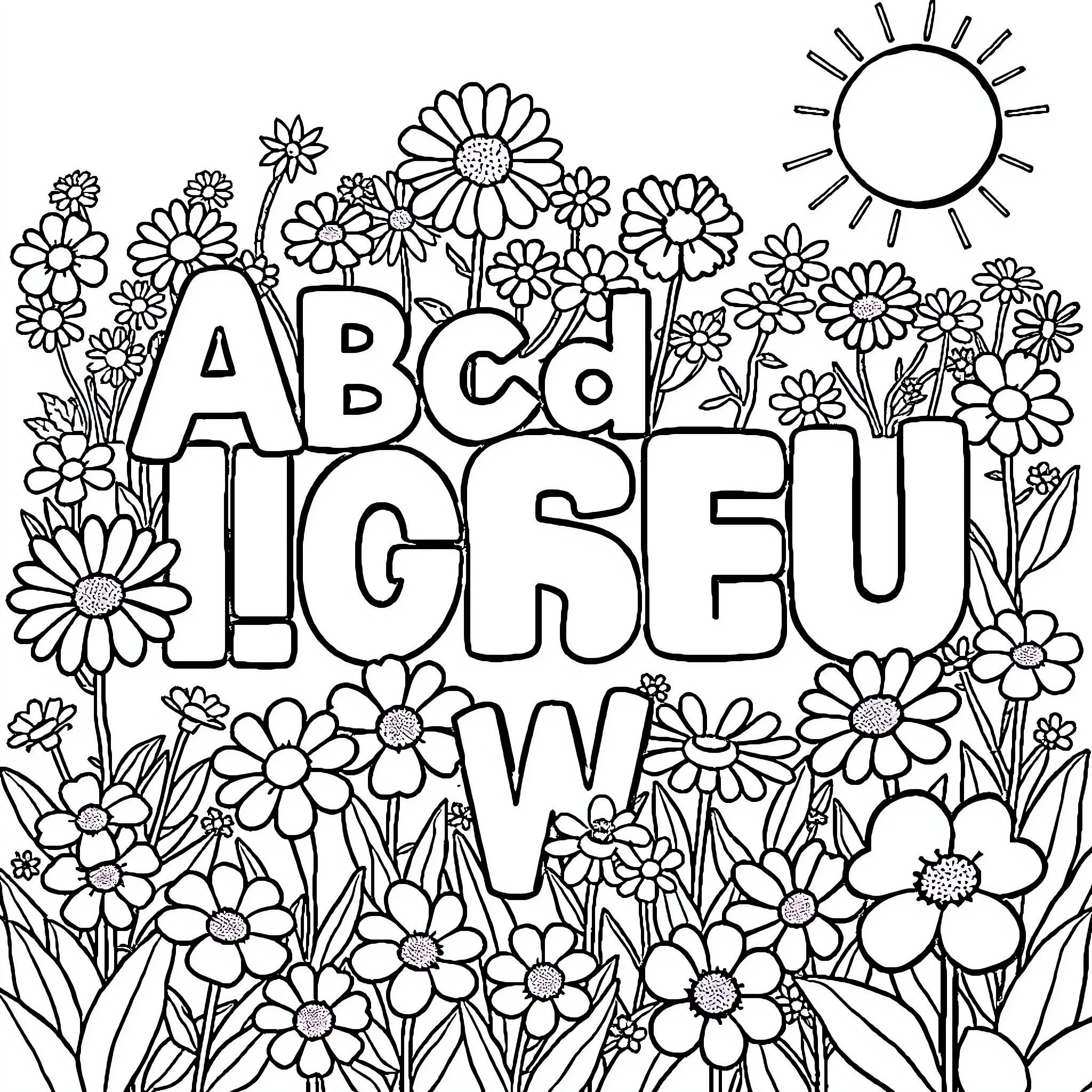 Alphabet flowers blooming in sunny garden Coloring Page (free black-and-white line drawing printable PDF for all, from beginners to advanced learners, including children, teens, adults, and seniors)