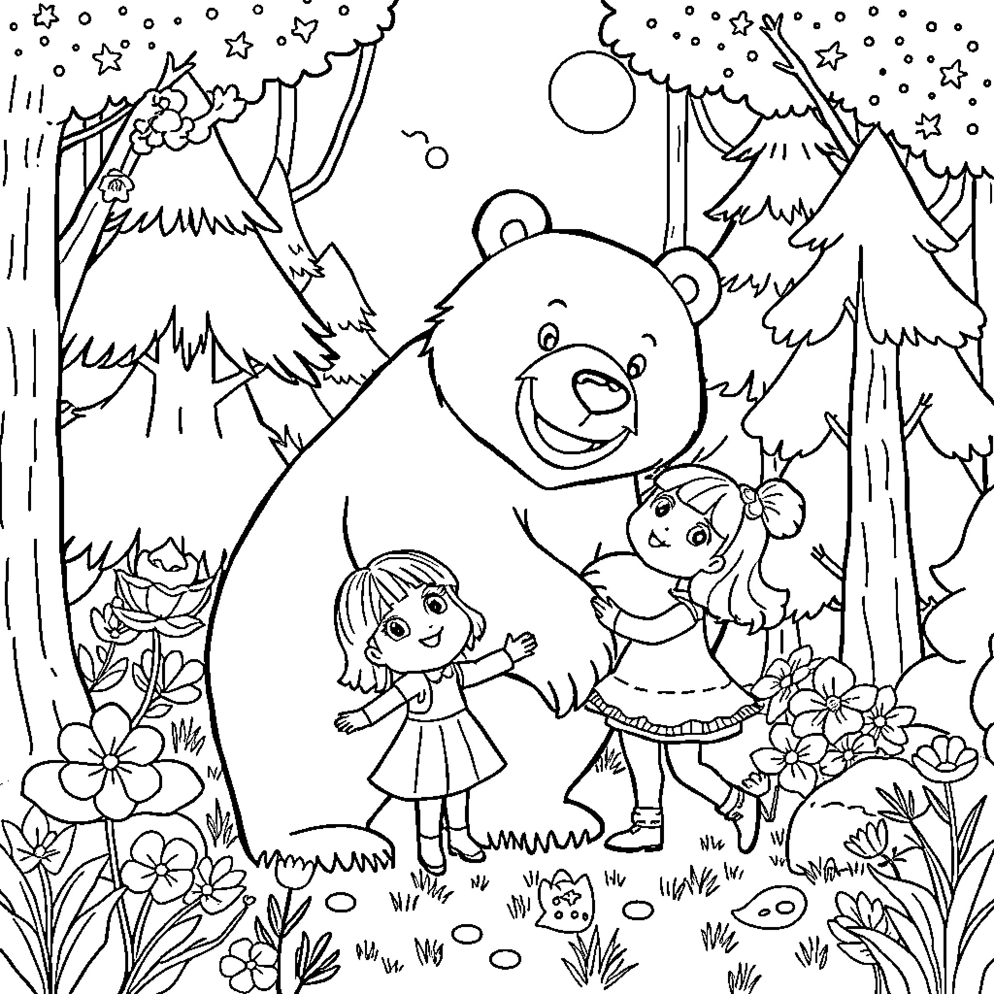 Macha et Michka exploring the enchanted forest Coloring Page (free black-and-white line drawing printable PDF for all, from beginners to advanced learners, including children, teens, adults, and seniors)