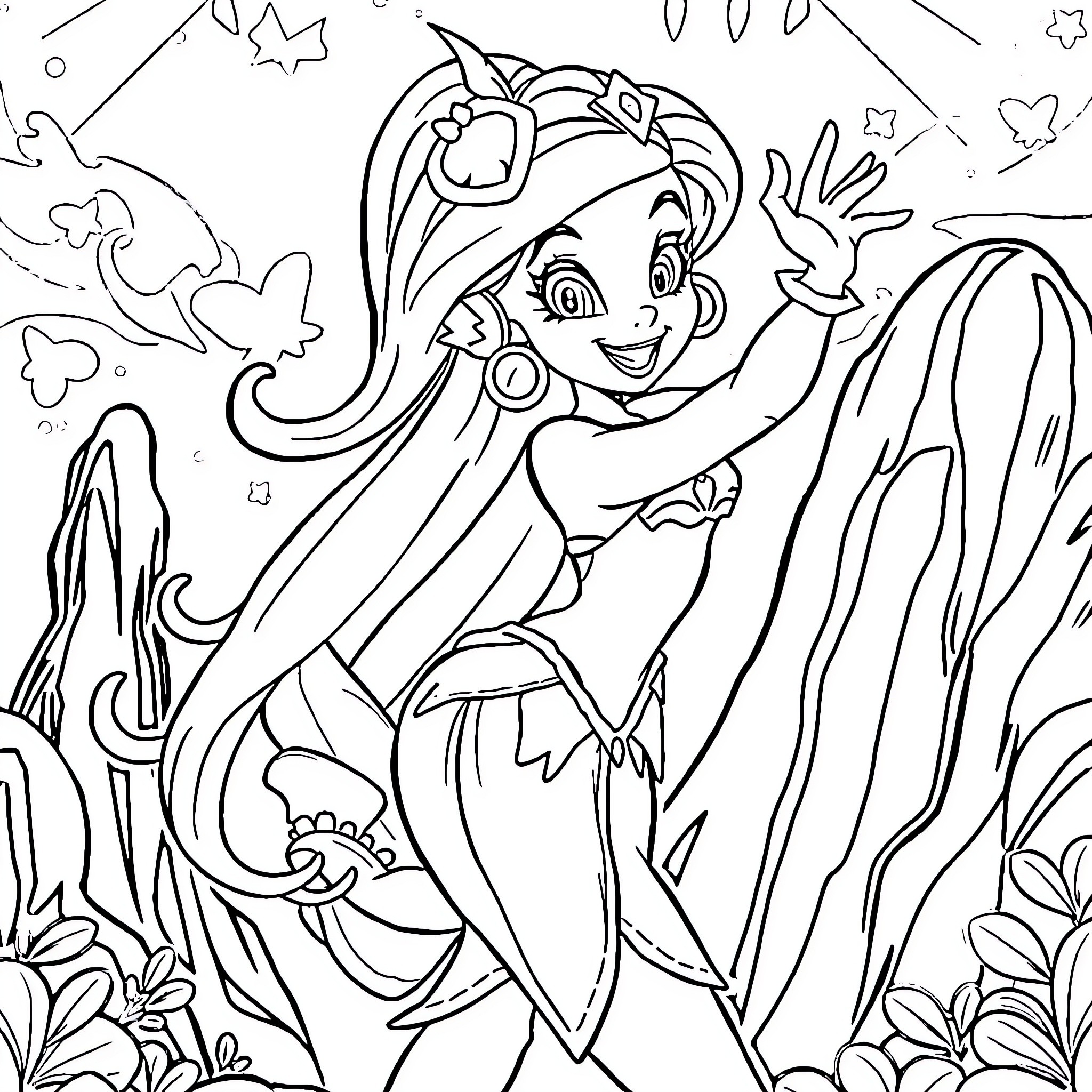 Shantae dancing gracefully in a magical forest Coloring Page (free black-and-white line drawing printable PDF for all, from beginners to advanced learners, including children, teens, adults, and seniors)