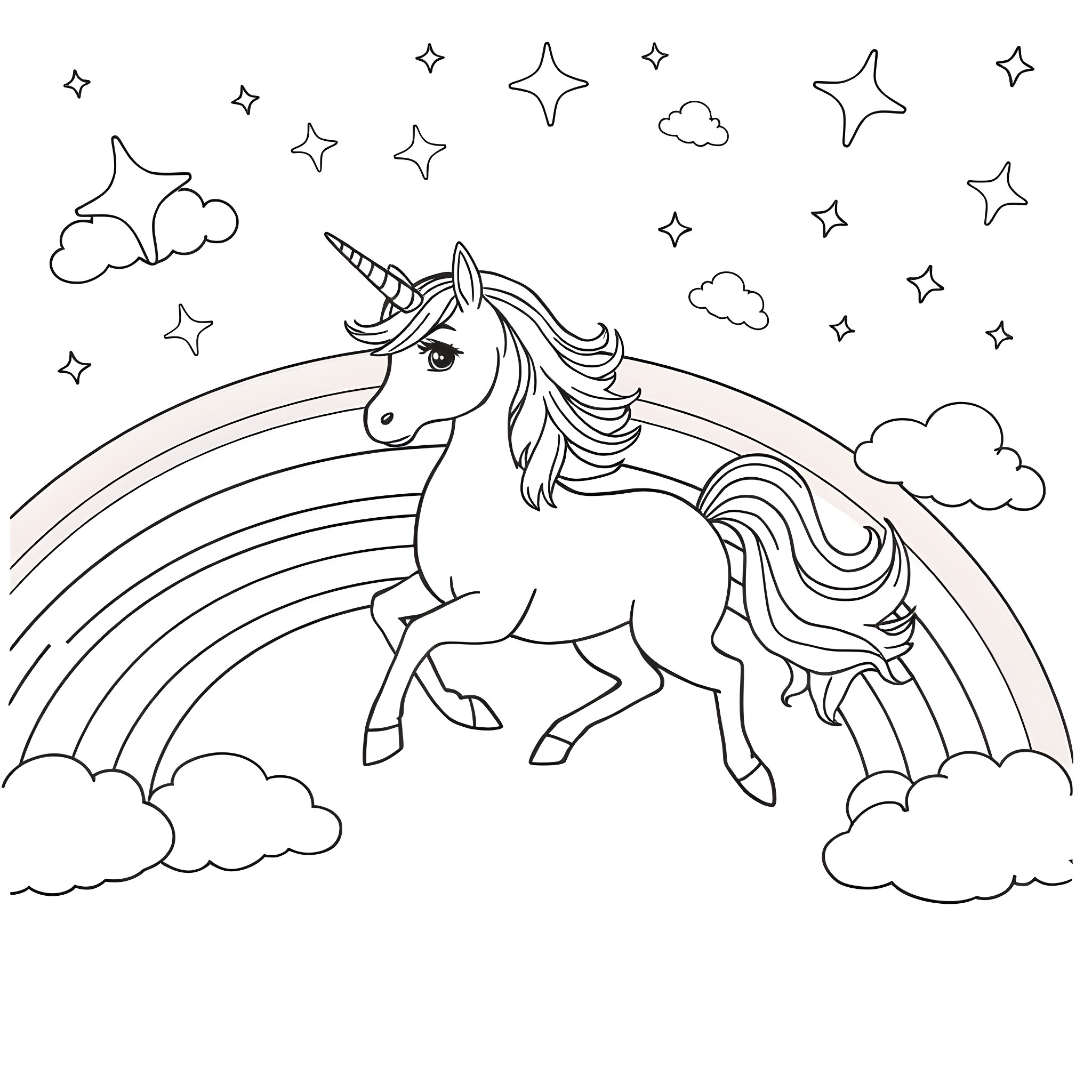 Unicorn galloping through the starry sky Coloring Page (free black-and-white line drawing printable PDF for all, from beginners to advanced learners, including children, teens, adults, and seniors)