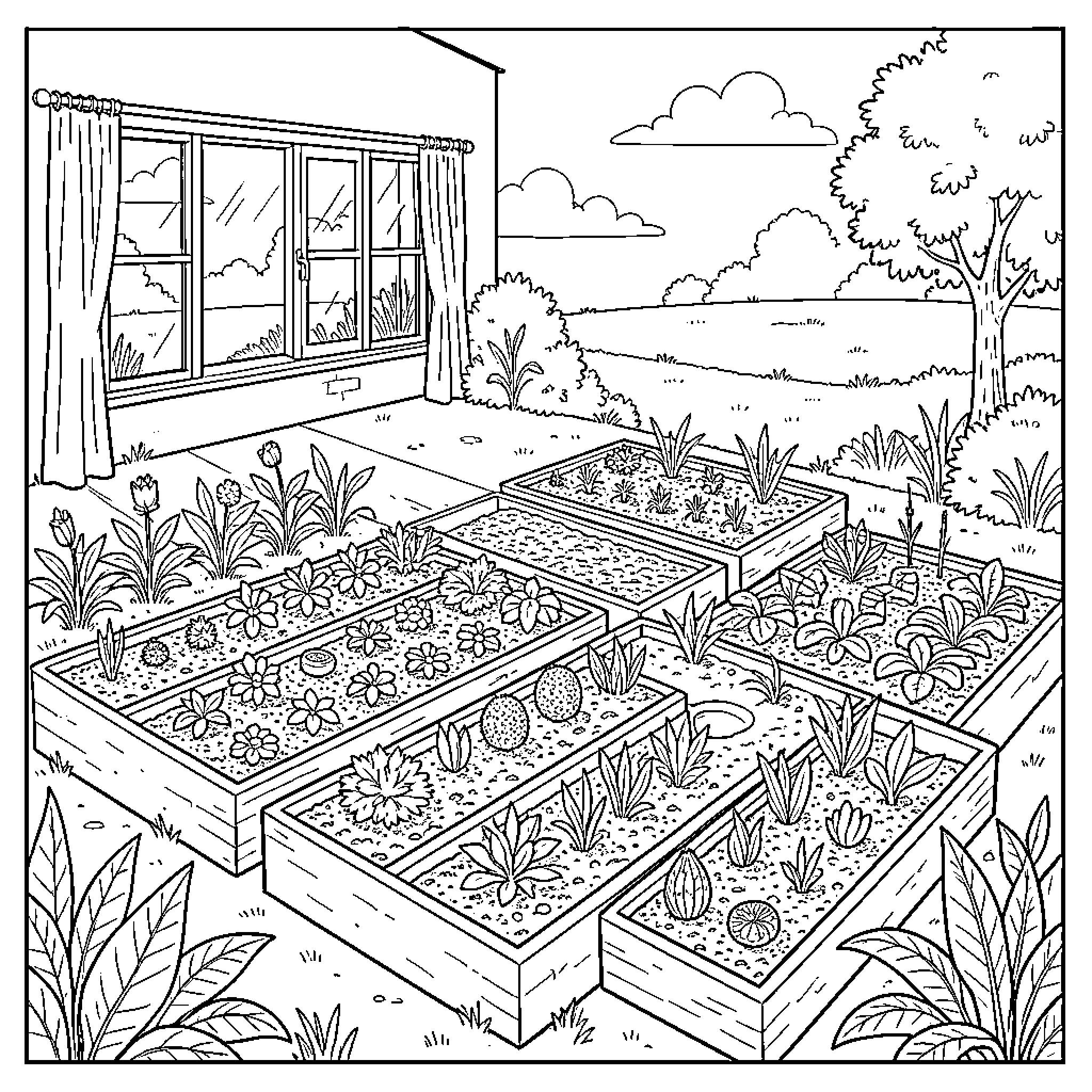 Terrace Farming with many raised garden beds outdoors Coloring Page (free black-and-white line drawing printable PDF for all, from beginners to advanced learners, including children, teens, adults, and seniors)