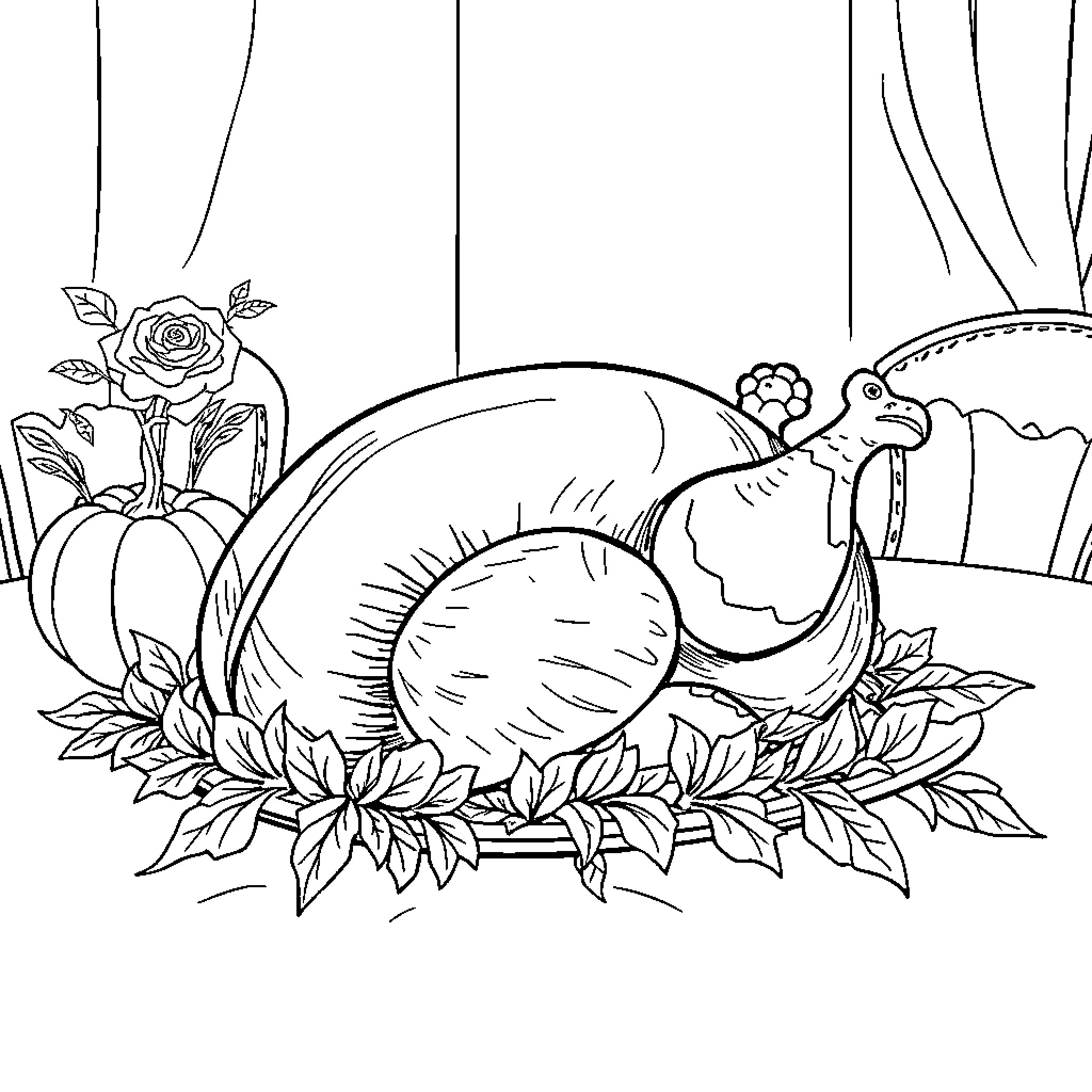 Turkey surrounded by flowers and leaves Coloring Page (free black-and-white line drawing printable PDF for all, from beginners to advanced learners, including children, teens, adults, and seniors)