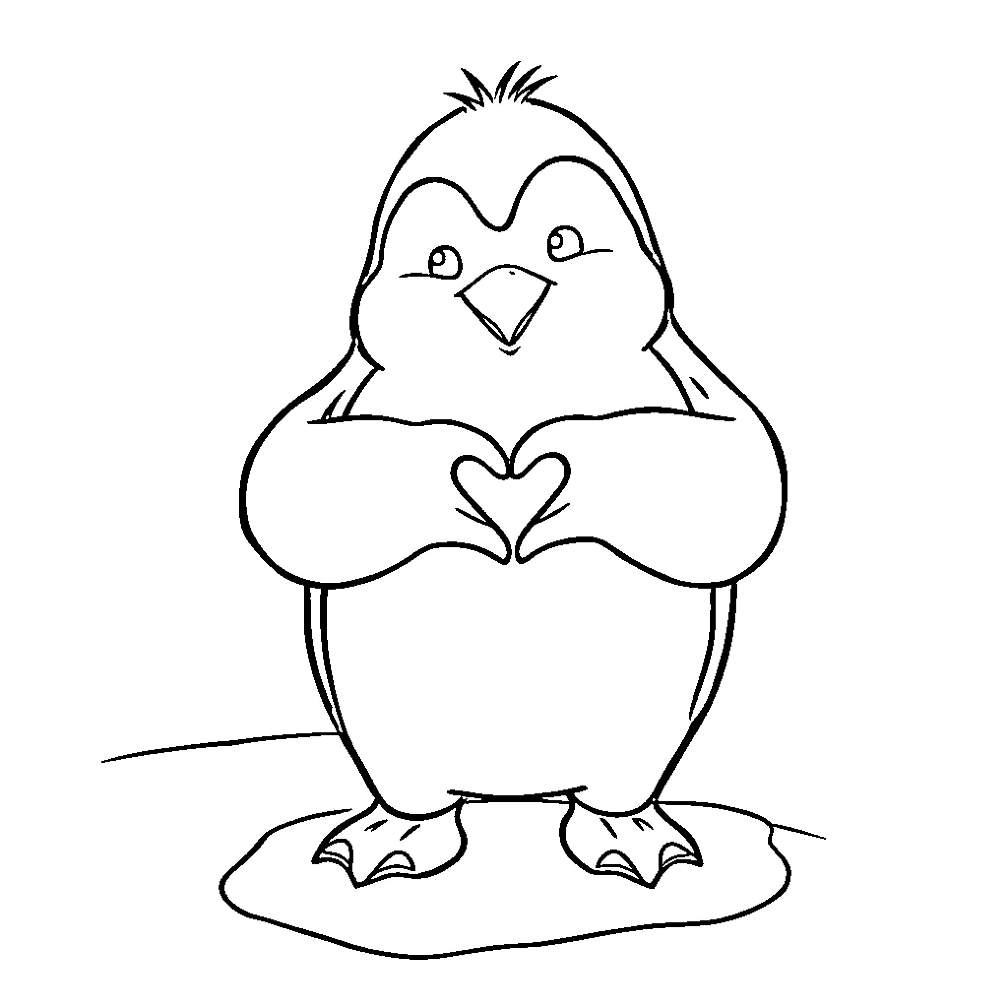Penguin making a heart shape with its wings Coloring Page (free black-and-white line drawing printable PDF for all, from beginners to advanced learners, including children, teens, adults, and seniors)