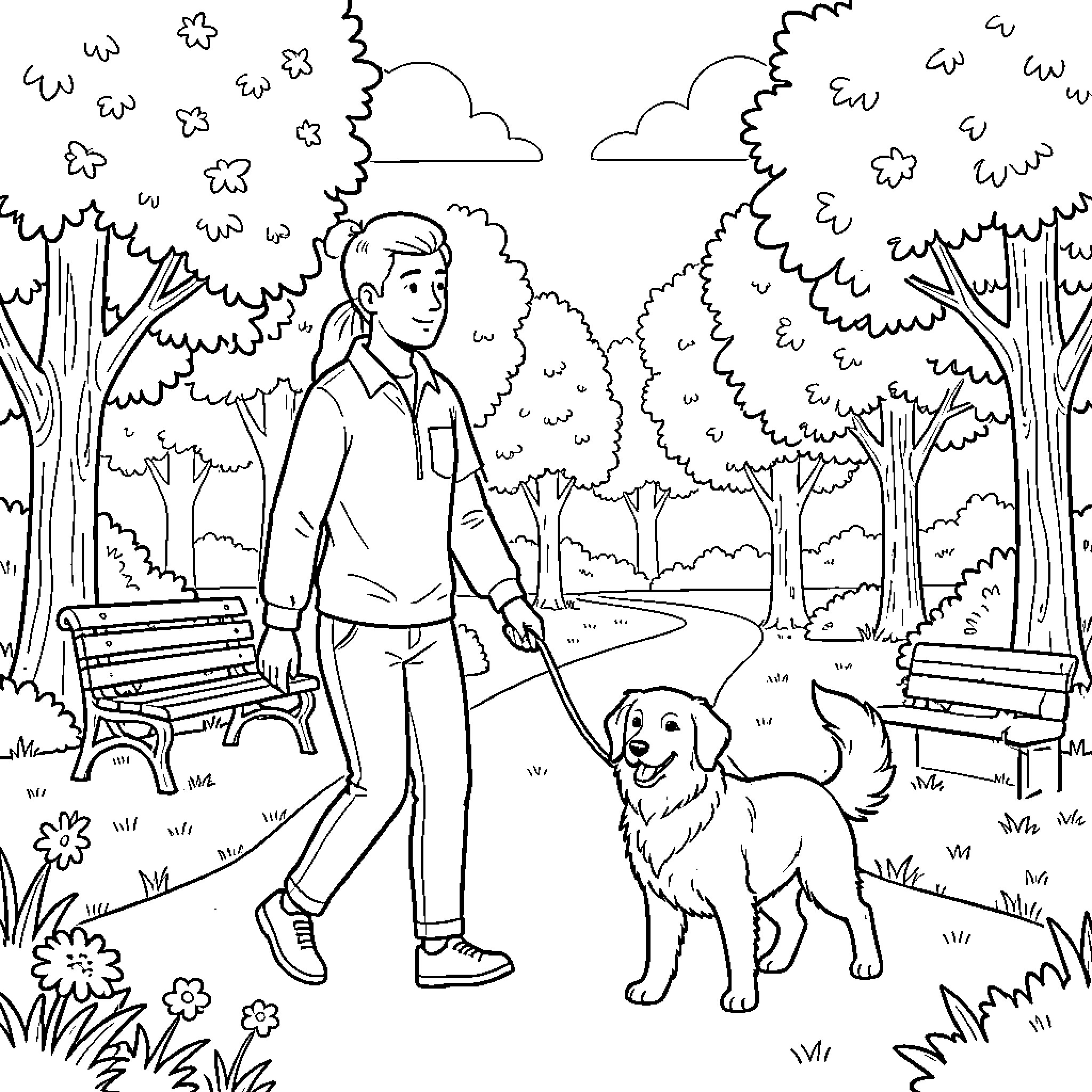 Human walking dog in park with trees Coloring Page (free black-and-white line drawing printable PDF for all, from beginners to advanced learners, including children, teens, adults, and seniors)